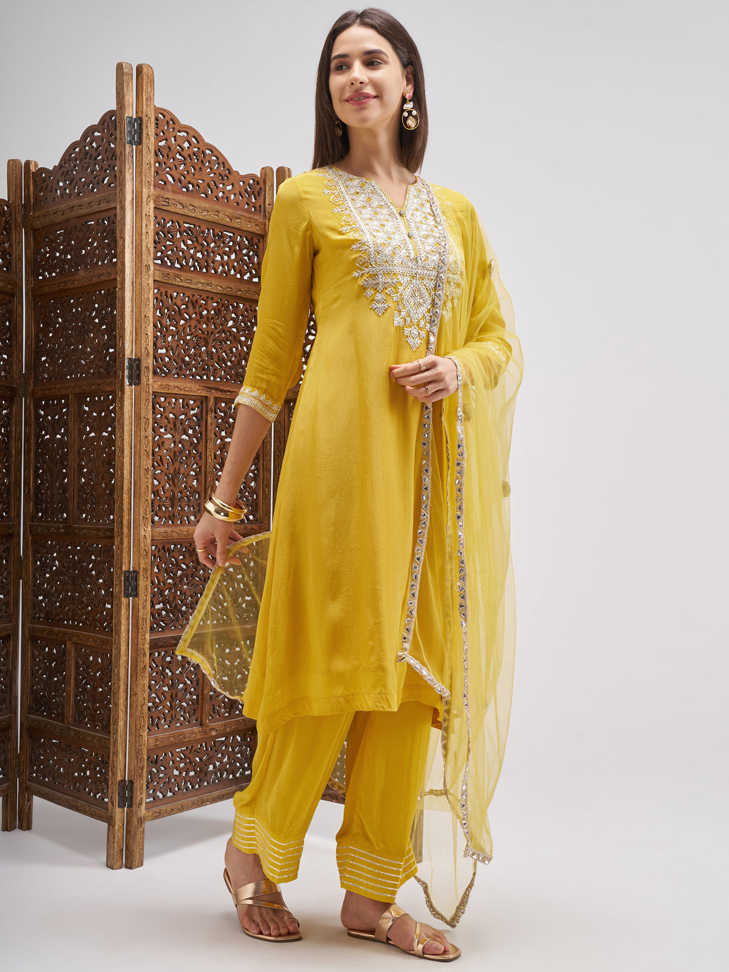 Vishudh Women Mustard Embroidered Kurta And Palazzo With Dupatta - Mustard - Image 4
