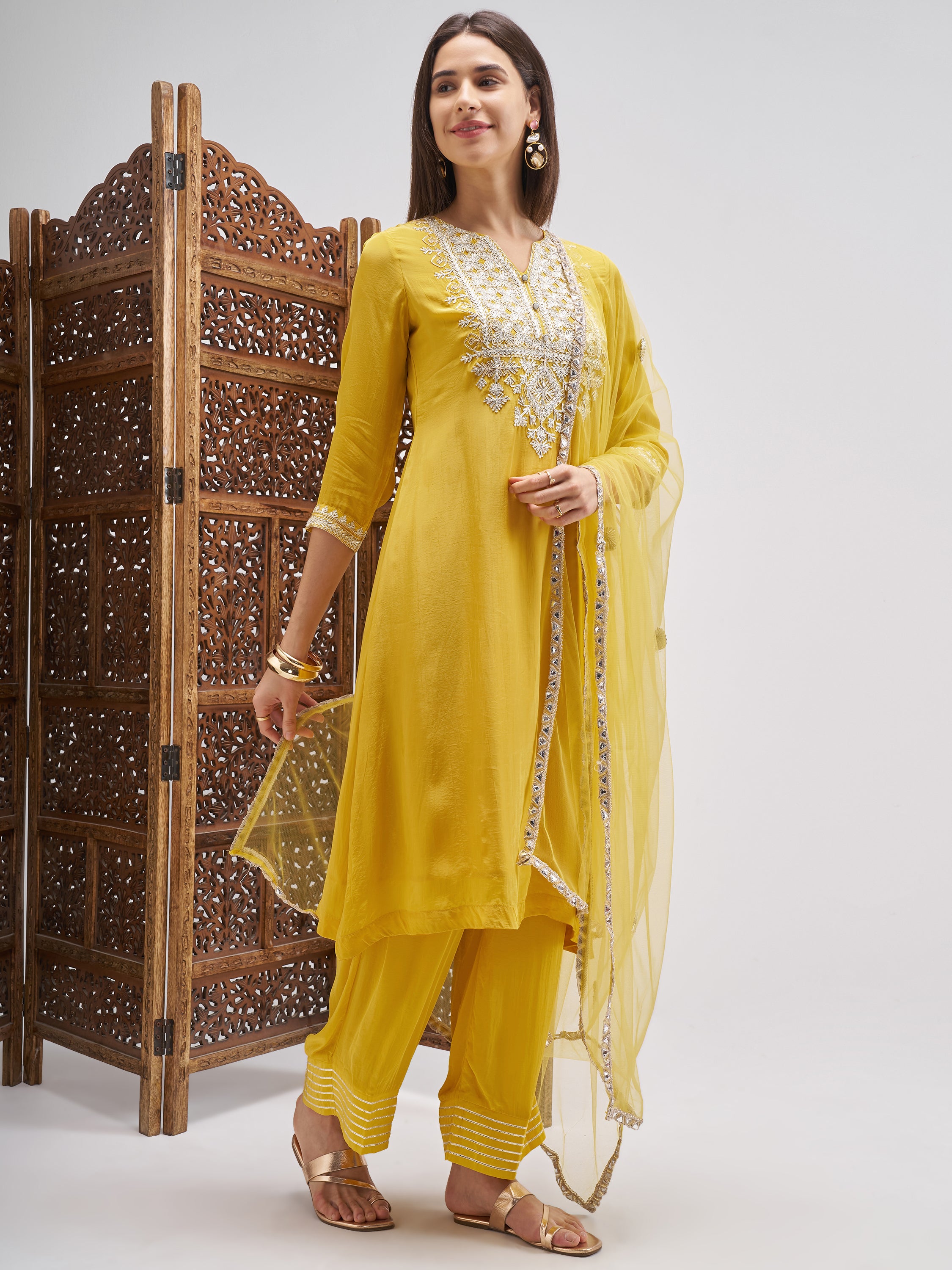 Vishudh Women Mustard Embroidered Kurta And Palazzo With Dupatta - Mustard - Image 4