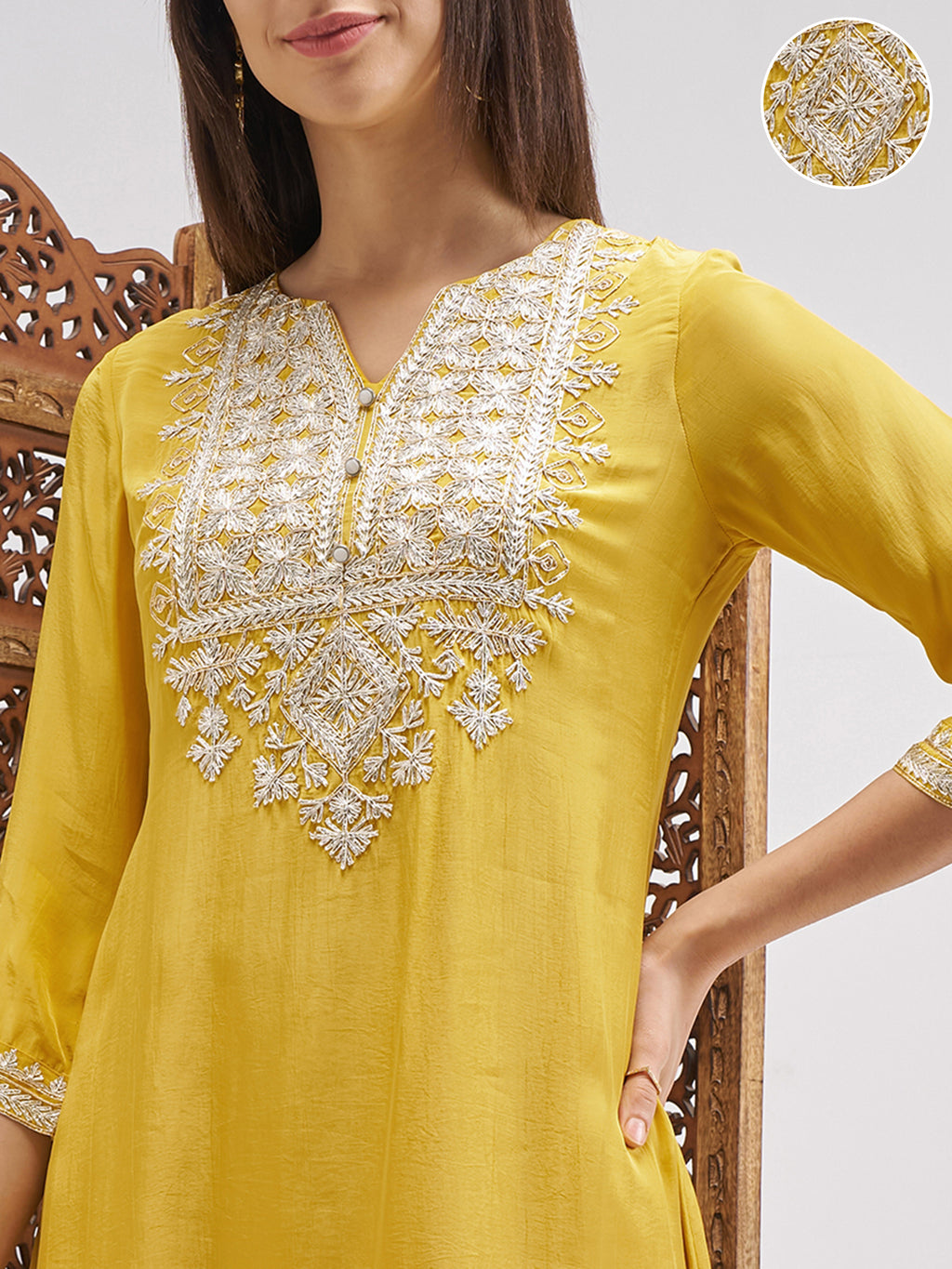 Vishudh Women Mustard Embroidered Kurta And Palazzo With Dupatta - Mustard - Image 5