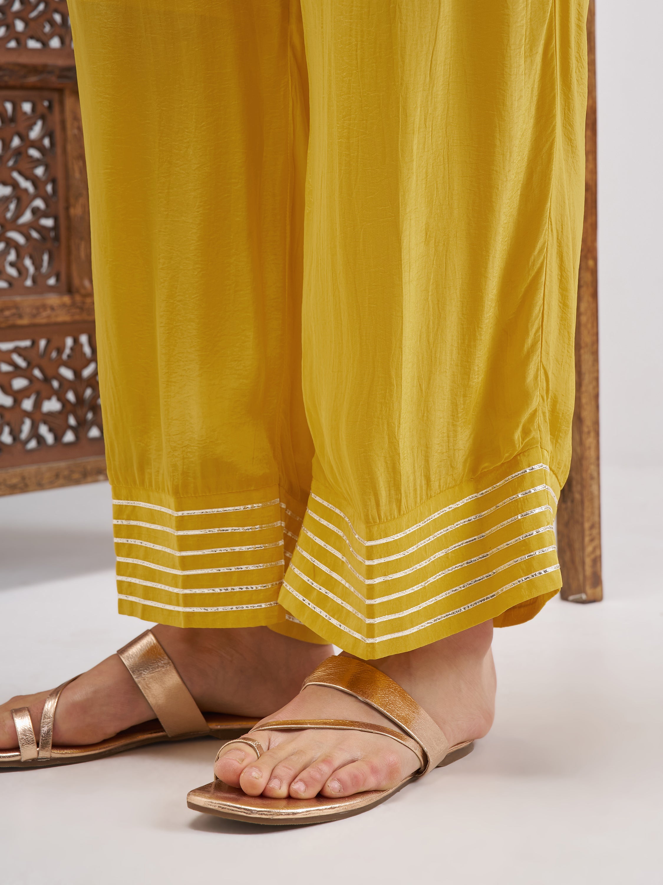 Vishudh Women Mustard Embroidered Kurta And Palazzo With Dupatta - Mustard - Image 8