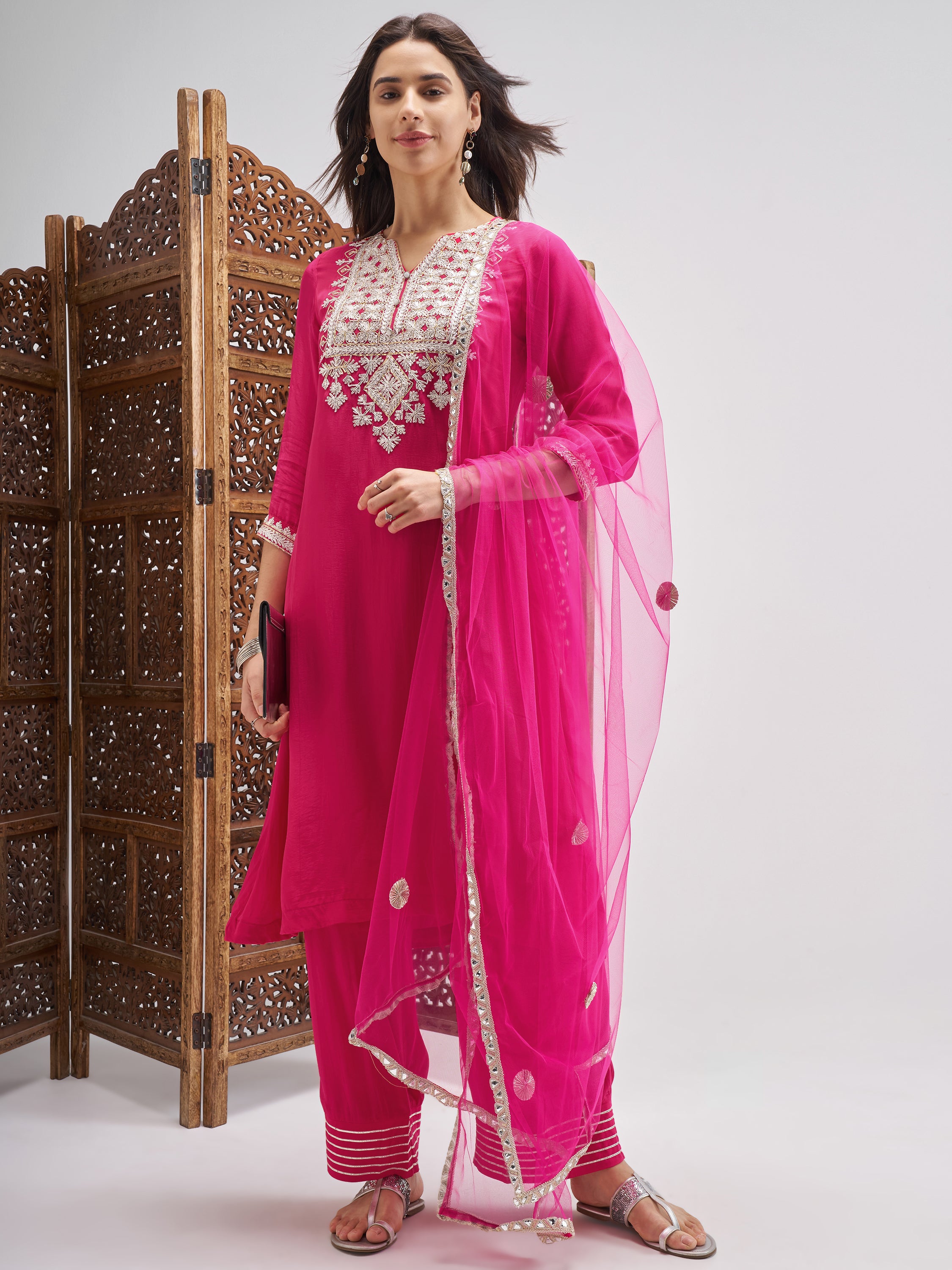 Vishudh Women Pink Embroidered Kurta And Palazzo With Dupatta - Pink - Image 1