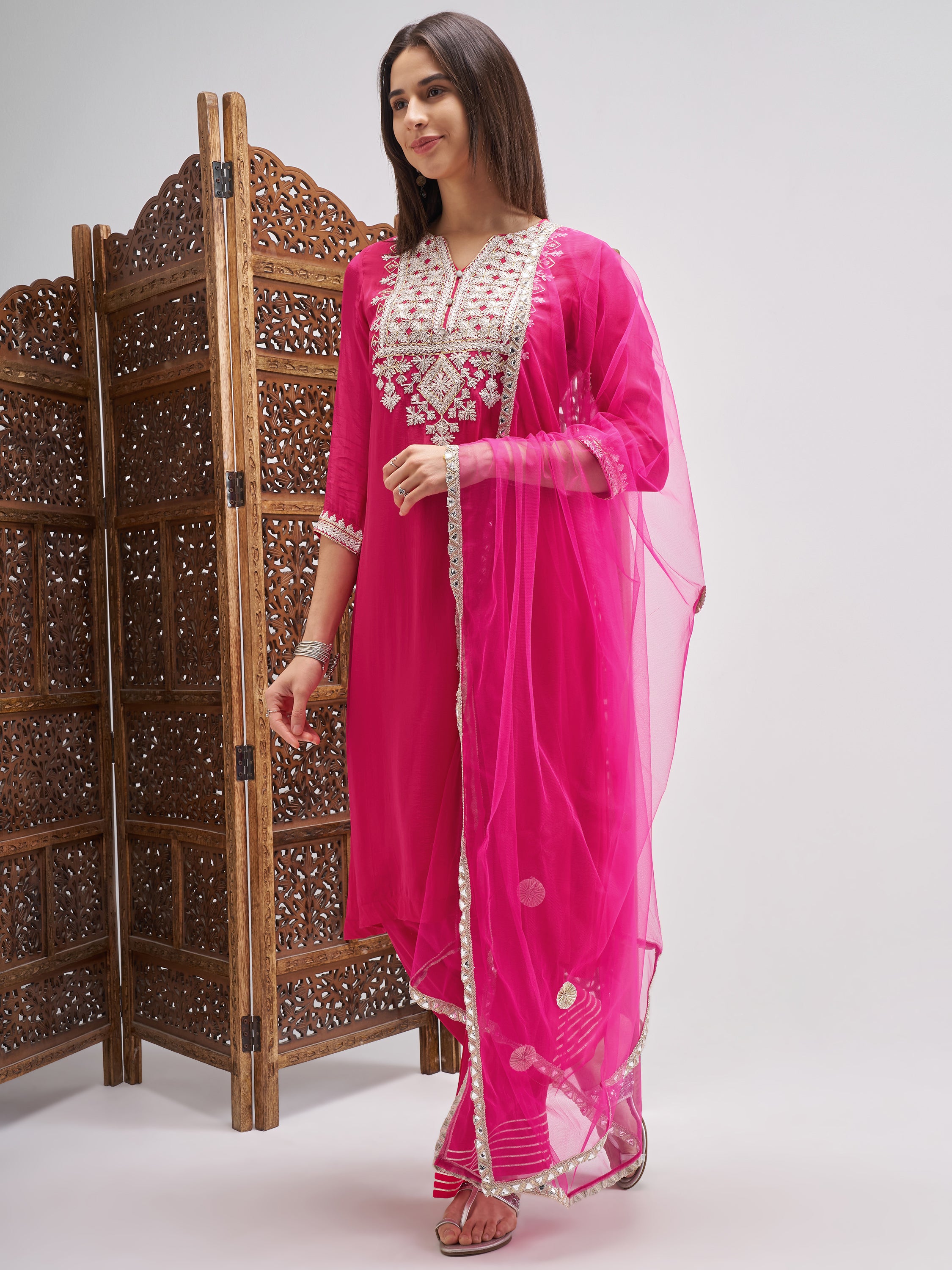 Vishudh Women Pink Embroidered Kurta And Palazzo With Dupatta - Pink - Image 2