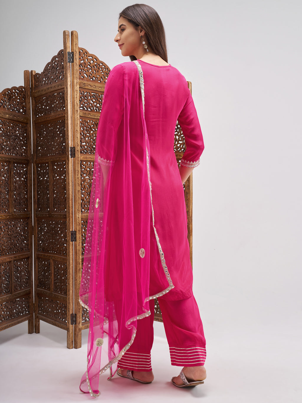 Vishudh Women Pink Embroidered Kurta And Palazzo With Dupatta - Pink - Image 3