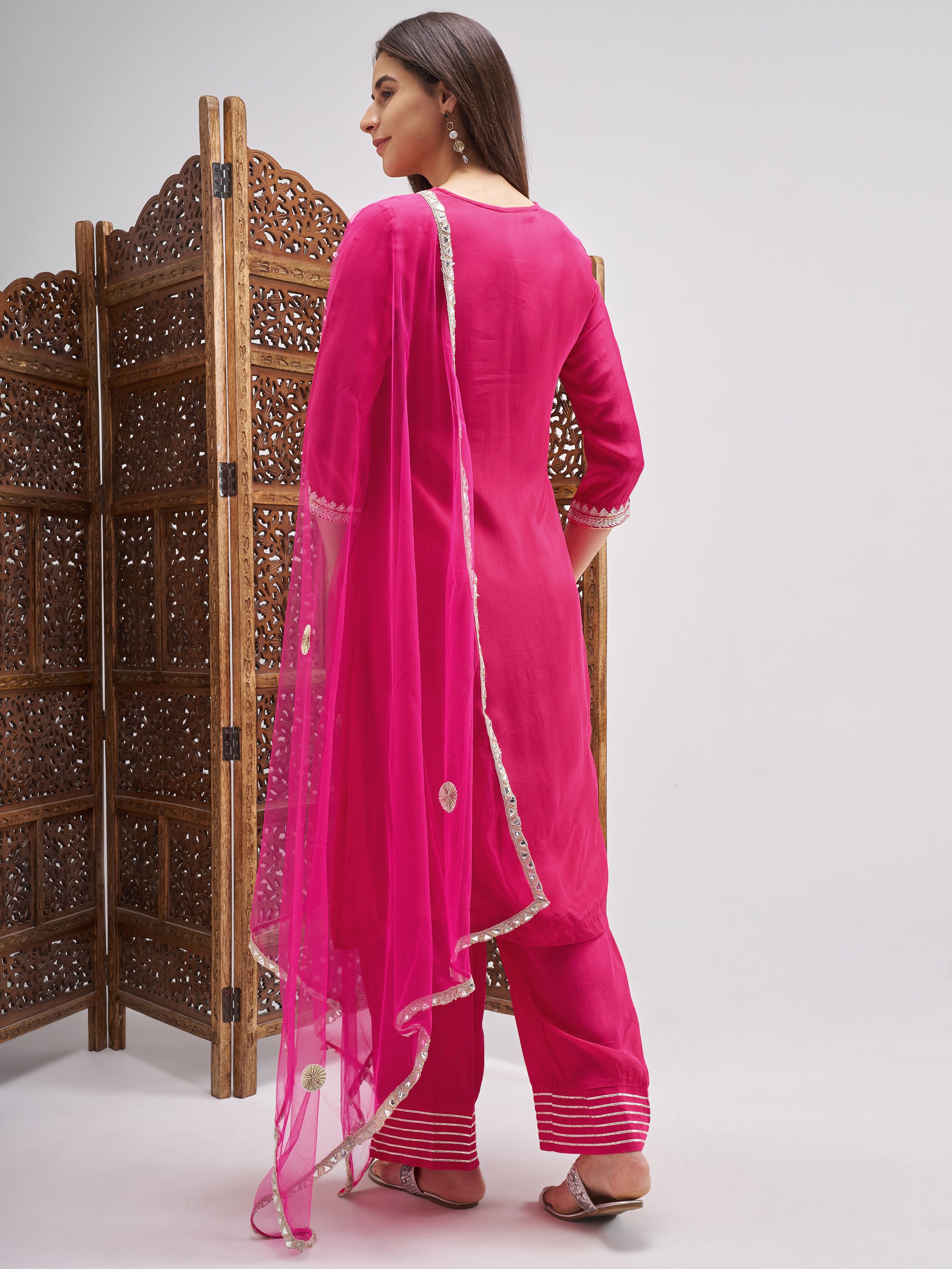 Vishudh Women Pink Embroidered Kurta And Palazzo With Dupatta - Pink - Image 3