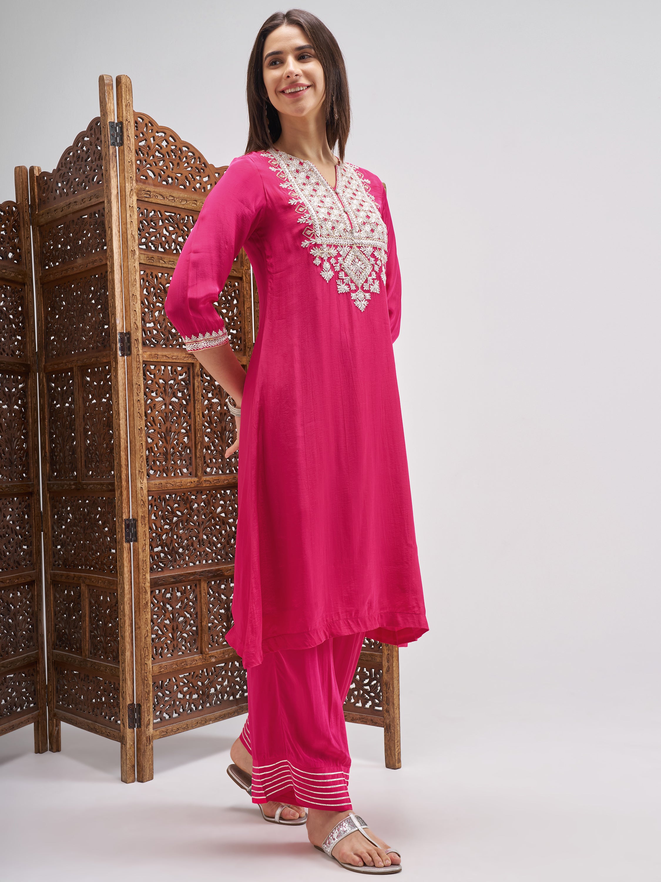 Vishudh Women Pink Embroidered Kurta And Palazzo With Dupatta - Pink - Image 4