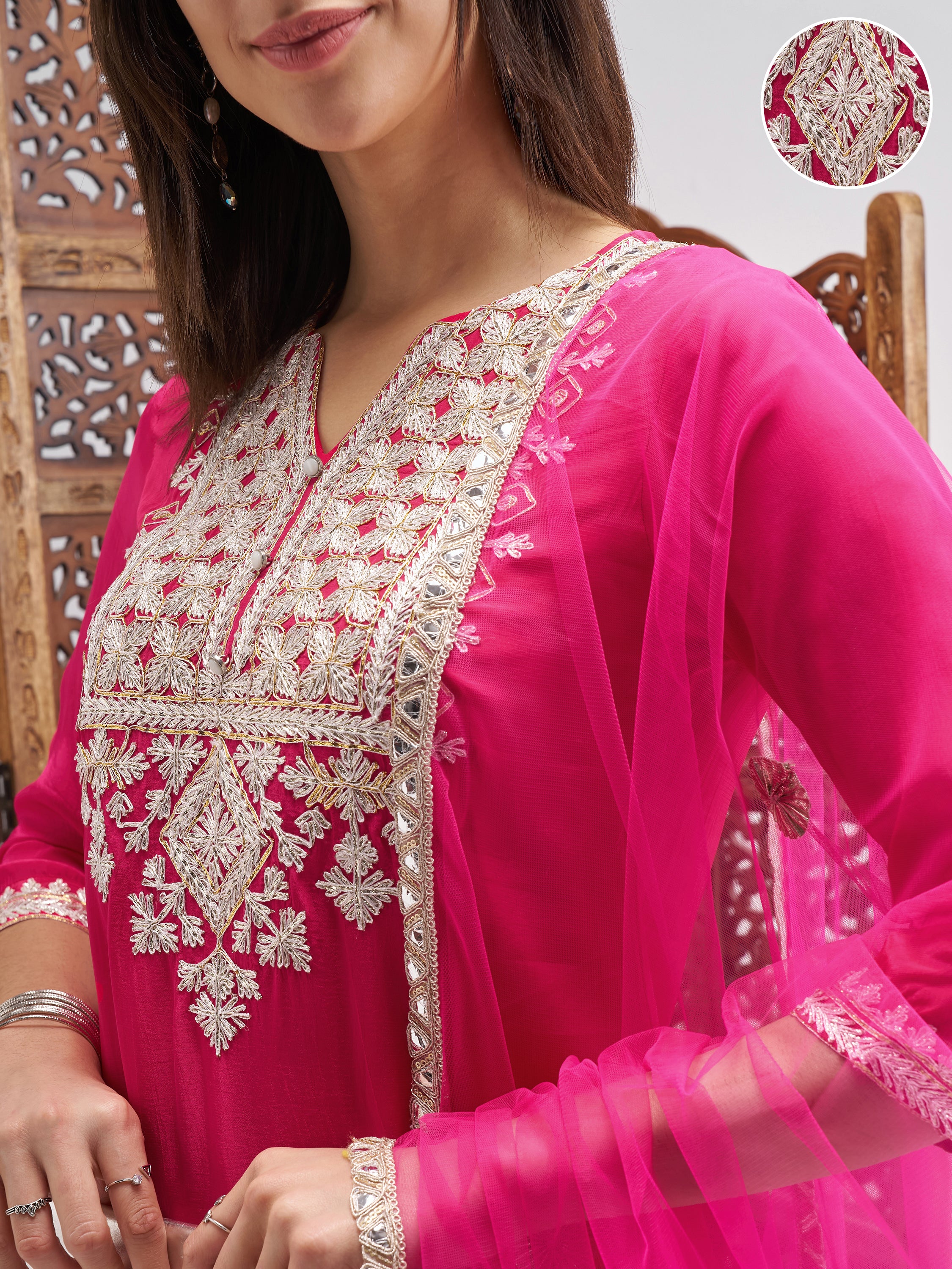 Vishudh Women Pink Embroidered Kurta And Palazzo With Dupatta - Pink - Image 5