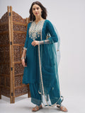 Vishudh Women Teal Embroidered Kurta And Palazzo With Dupatta - Teal - Image 1