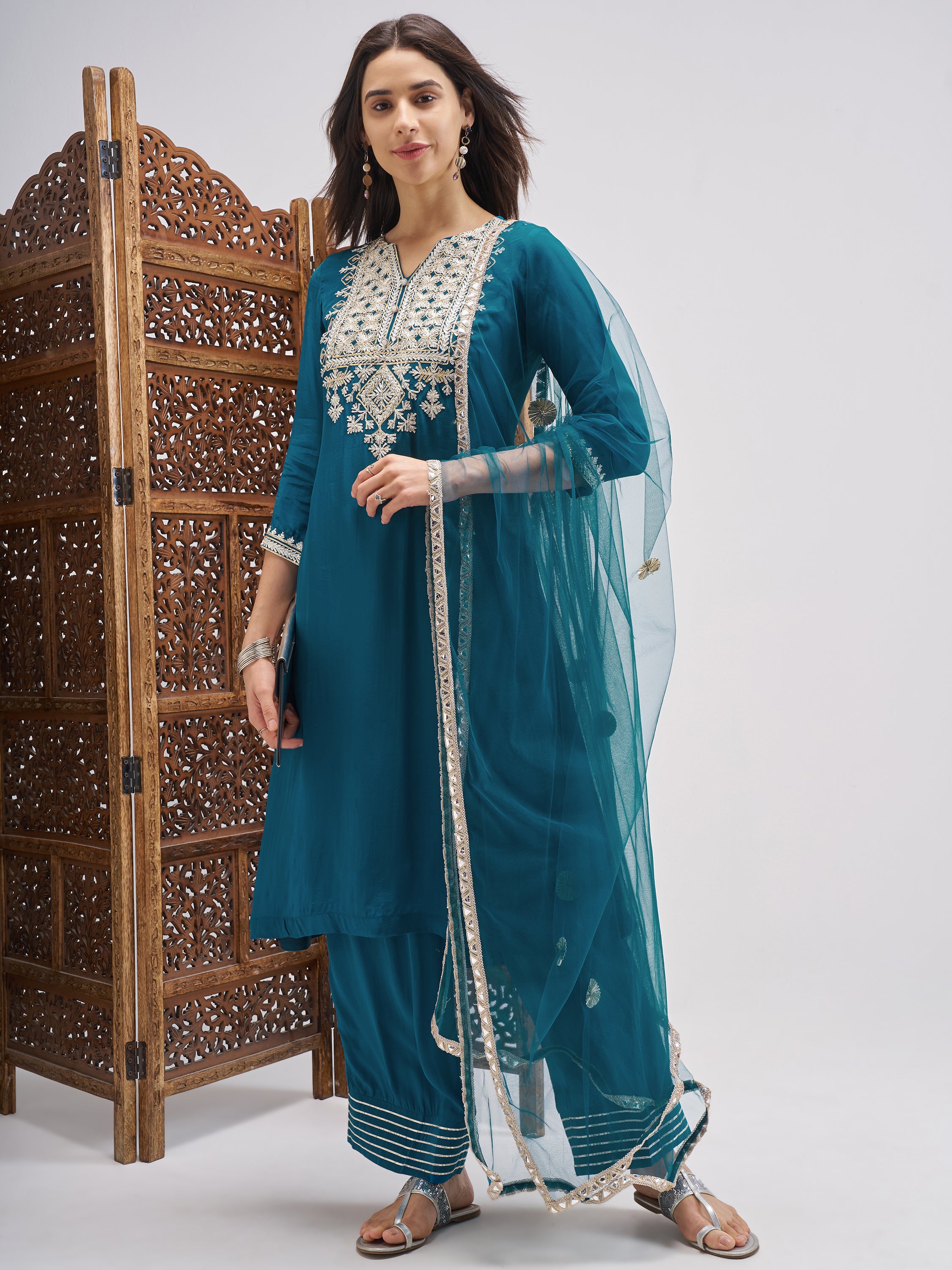 Vishudh Women Teal Embroidered Kurta And Palazzo With Dupatta - Teal - Image 1