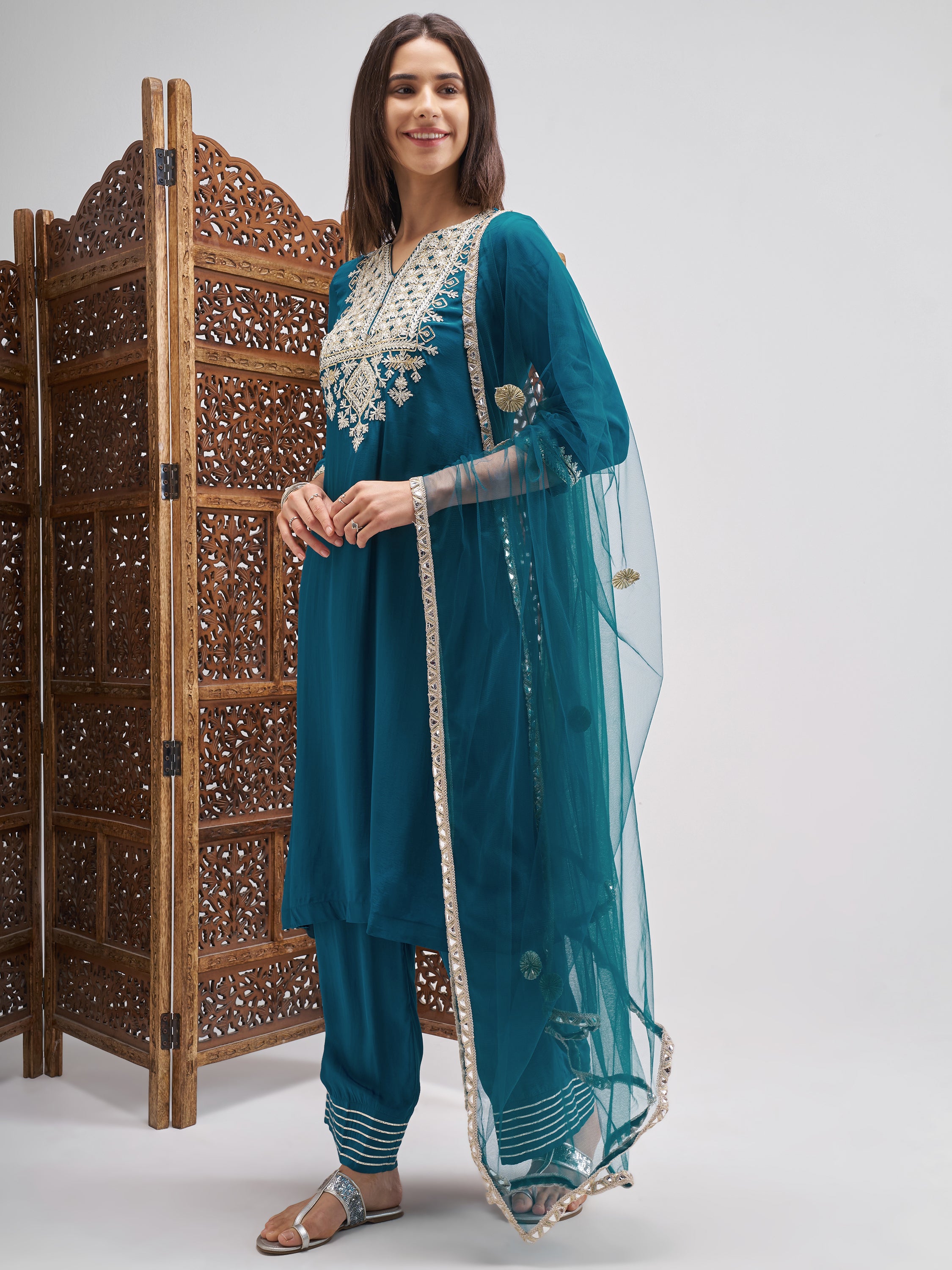 Vishudh Women Teal Embroidered Kurta And Palazzo With Dupatta - Teal - Image 2