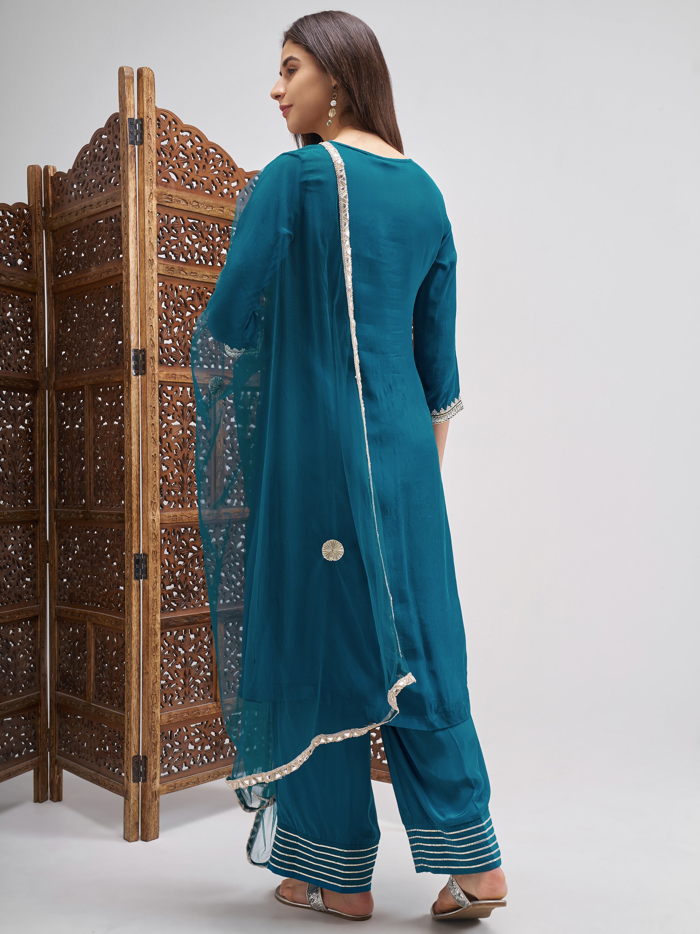 Vishudh Women Teal Embroidered Kurta And Palazzo With Dupatta - Teal - Image 3