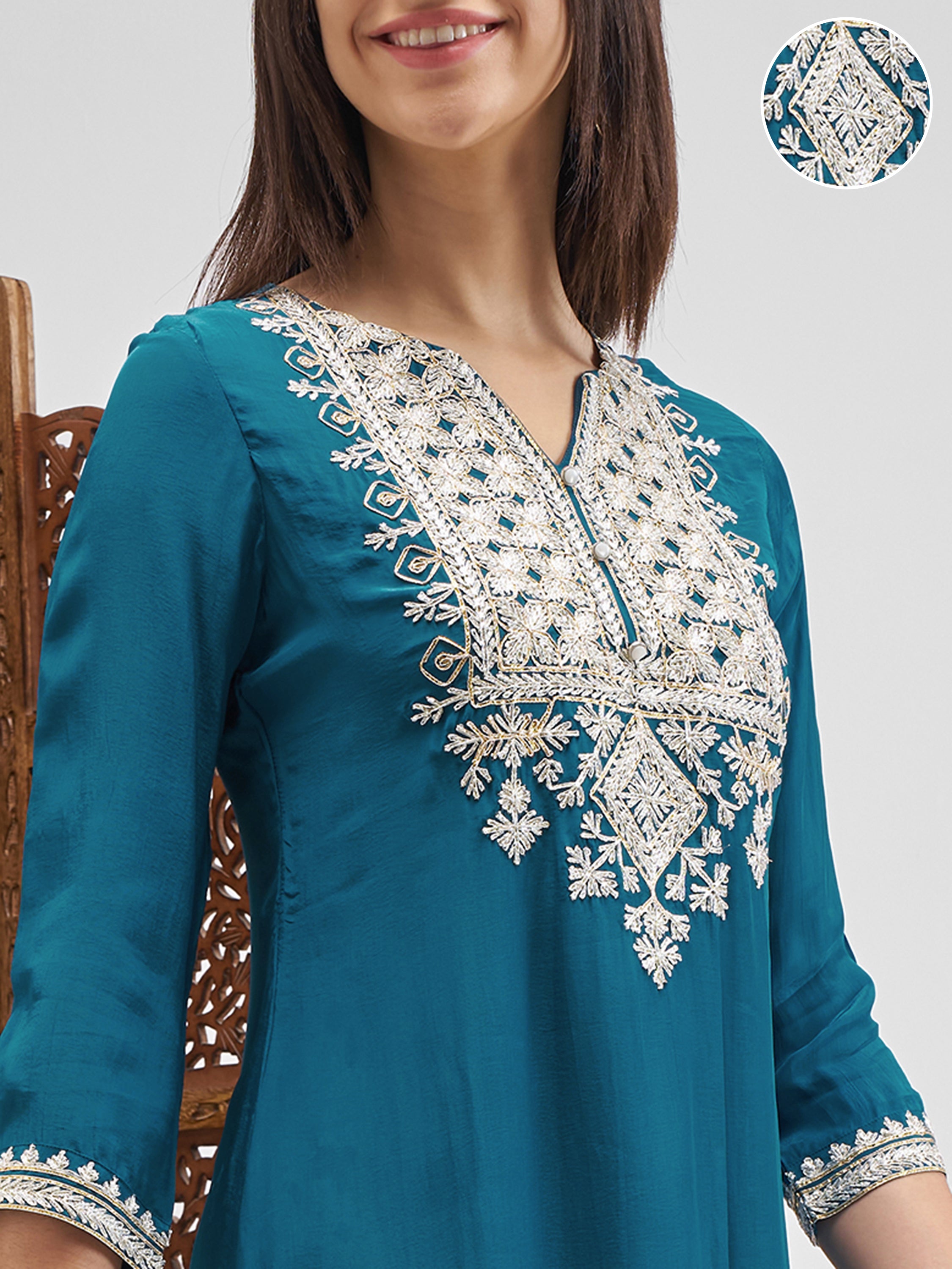 Vishudh Women Teal Embroidered Kurta And Palazzo With Dupatta - Teal - Image 5