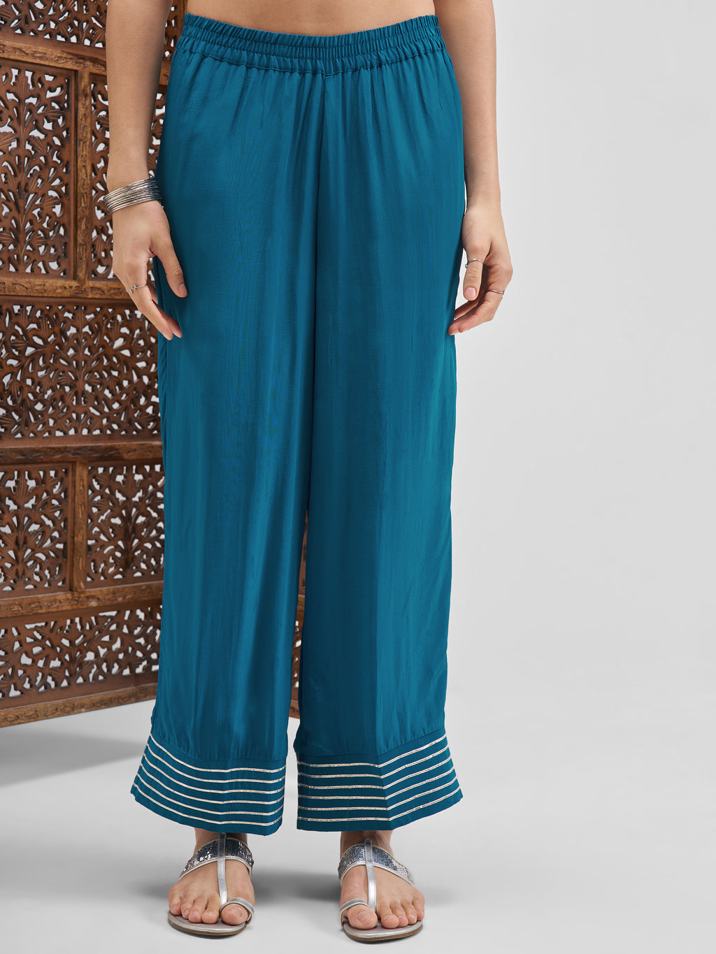 Vishudh Women Teal Embroidered Kurta And Palazzo With Dupatta - Teal - Image 7