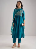 Vishudh Women Teal Embroidered Kurta With Trouser And Dupatta - Teal - Image 1