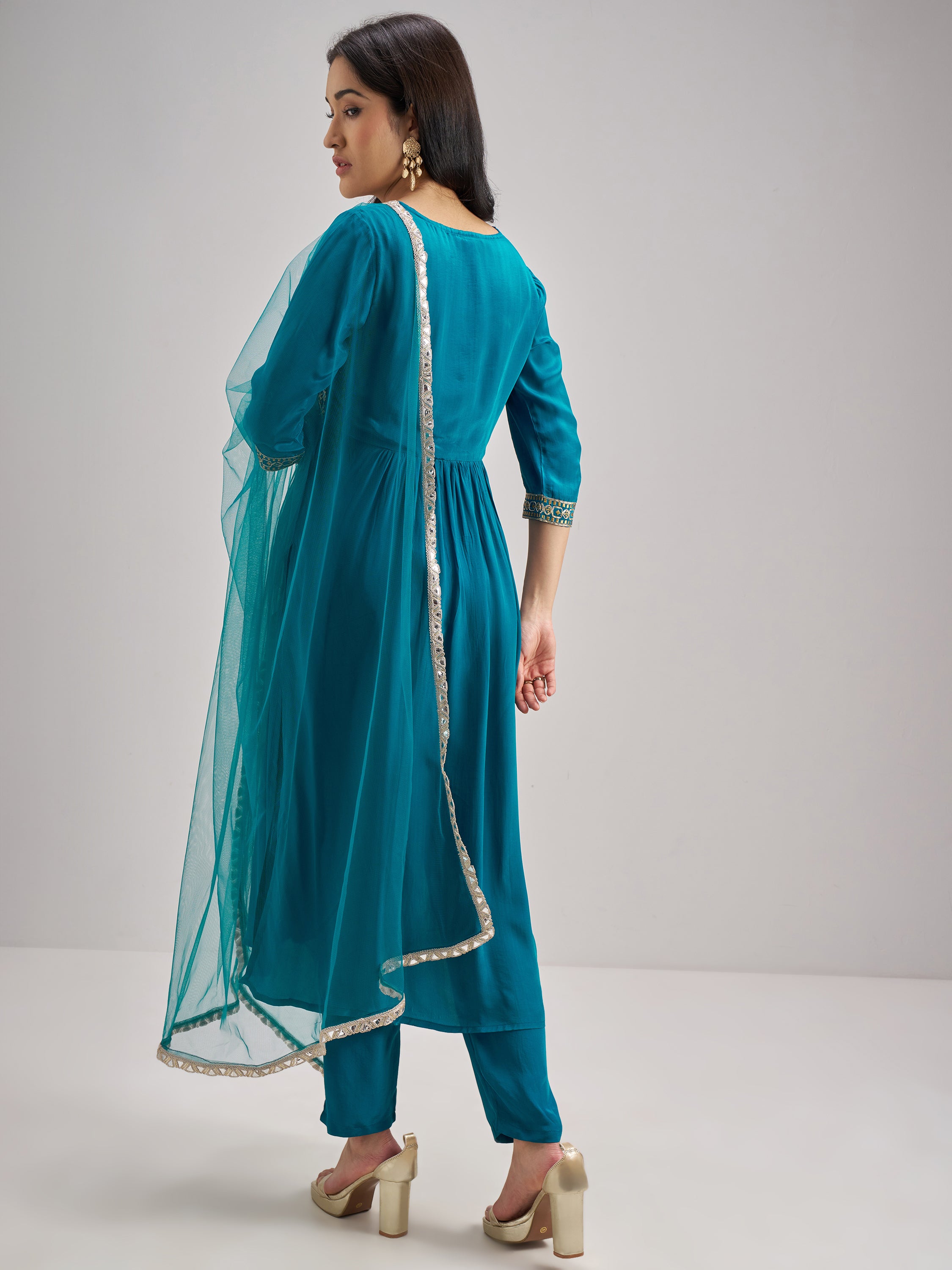 Vishudh Women Teal Embroidered Kurta With Trouser And Dupatta - Teal - Image 3