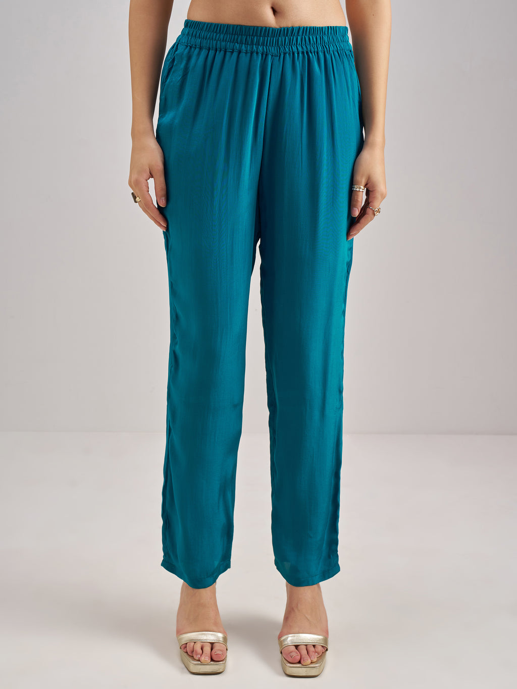 Vishudh Women Teal Embroidered Kurta With Trouser And Dupatta - Teal - Image 7