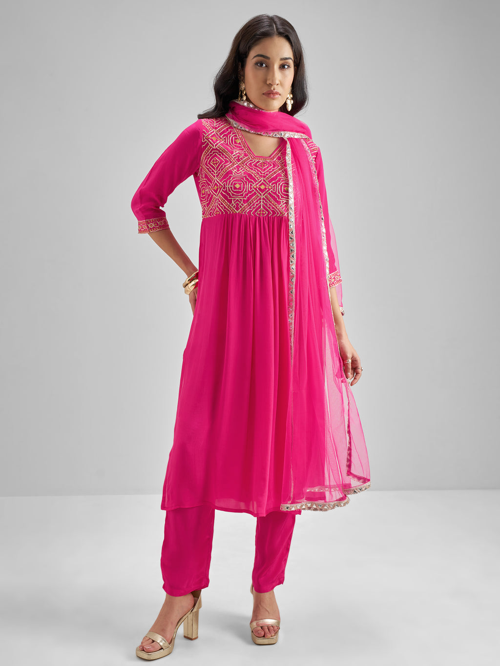 Vishudh Women Pink Embroidered Kurta With Trouser And Dupatta - Pink - Image 1