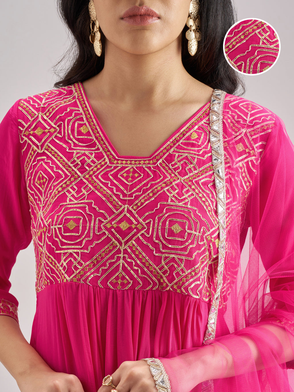 Vishudh Women Pink Embroidered Kurta With Trouser And Dupatta - Pink - Image 5