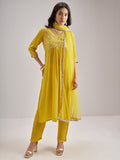 Vishudh Women Yellow Embroidered Kurta With Trouser And Dupatta - Yellow - Image 1