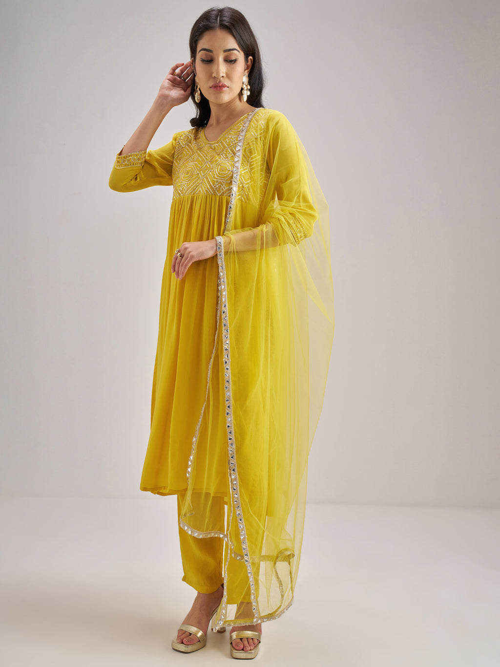 Vishudh Women Yellow Embroidered Kurta With Trouser And Dupatta - Yellow - Image 2