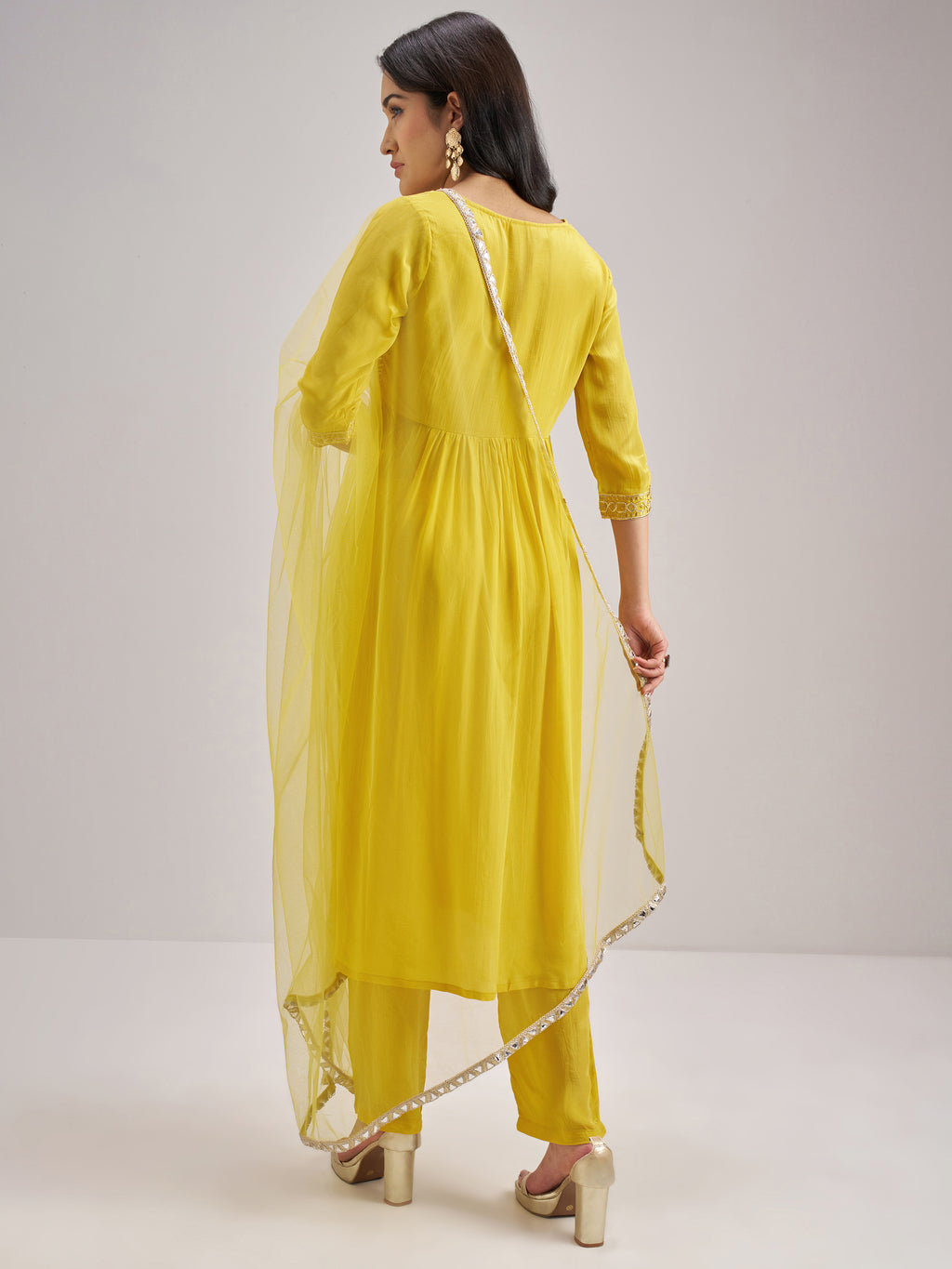 Vishudh Women Yellow Embroidered Kurta With Trouser And Dupatta - Yellow - Image 3