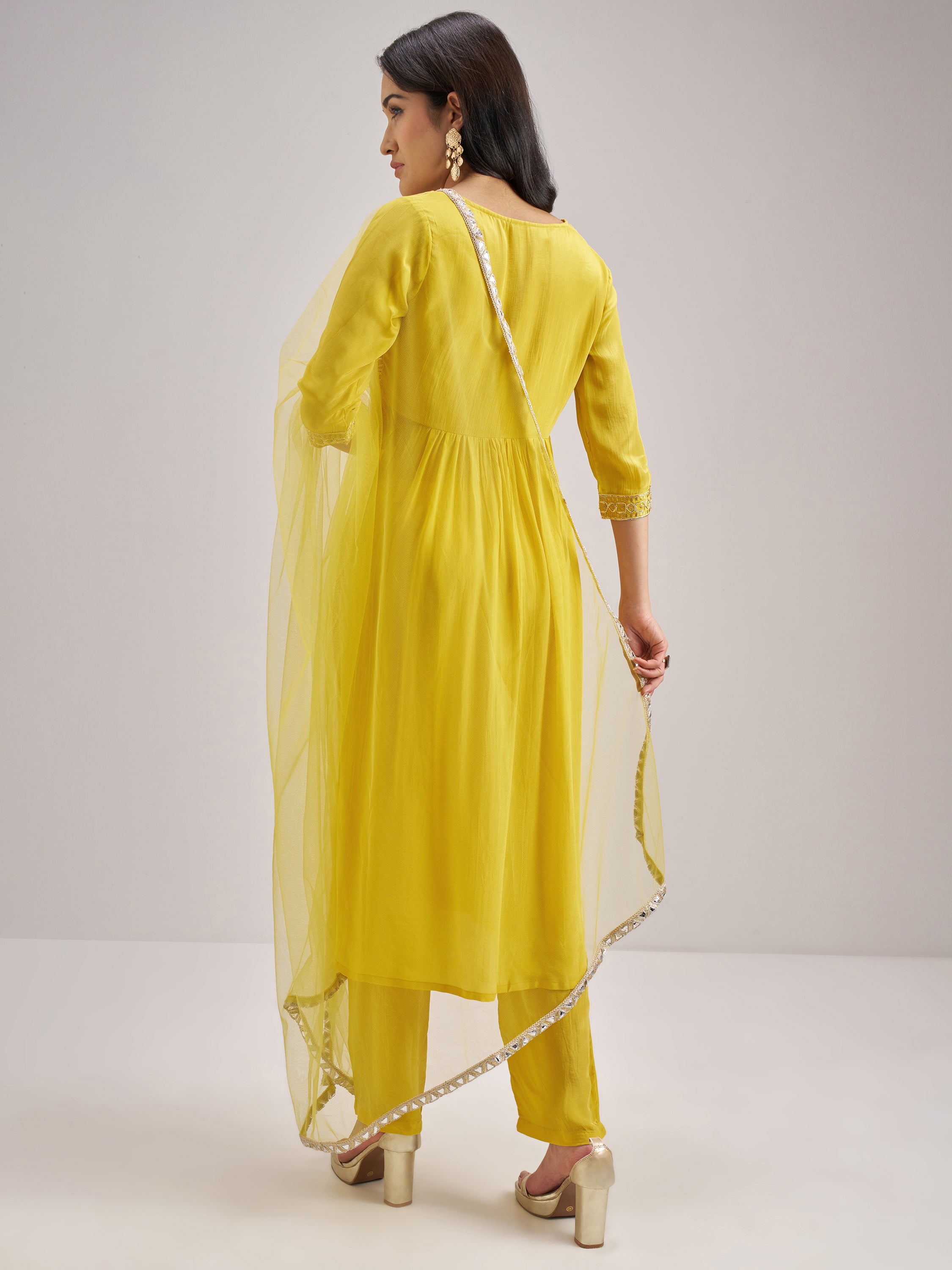 Vishudh Women Yellow Embroidered Kurta With Trouser And Dupatta - Yellow - Image 3