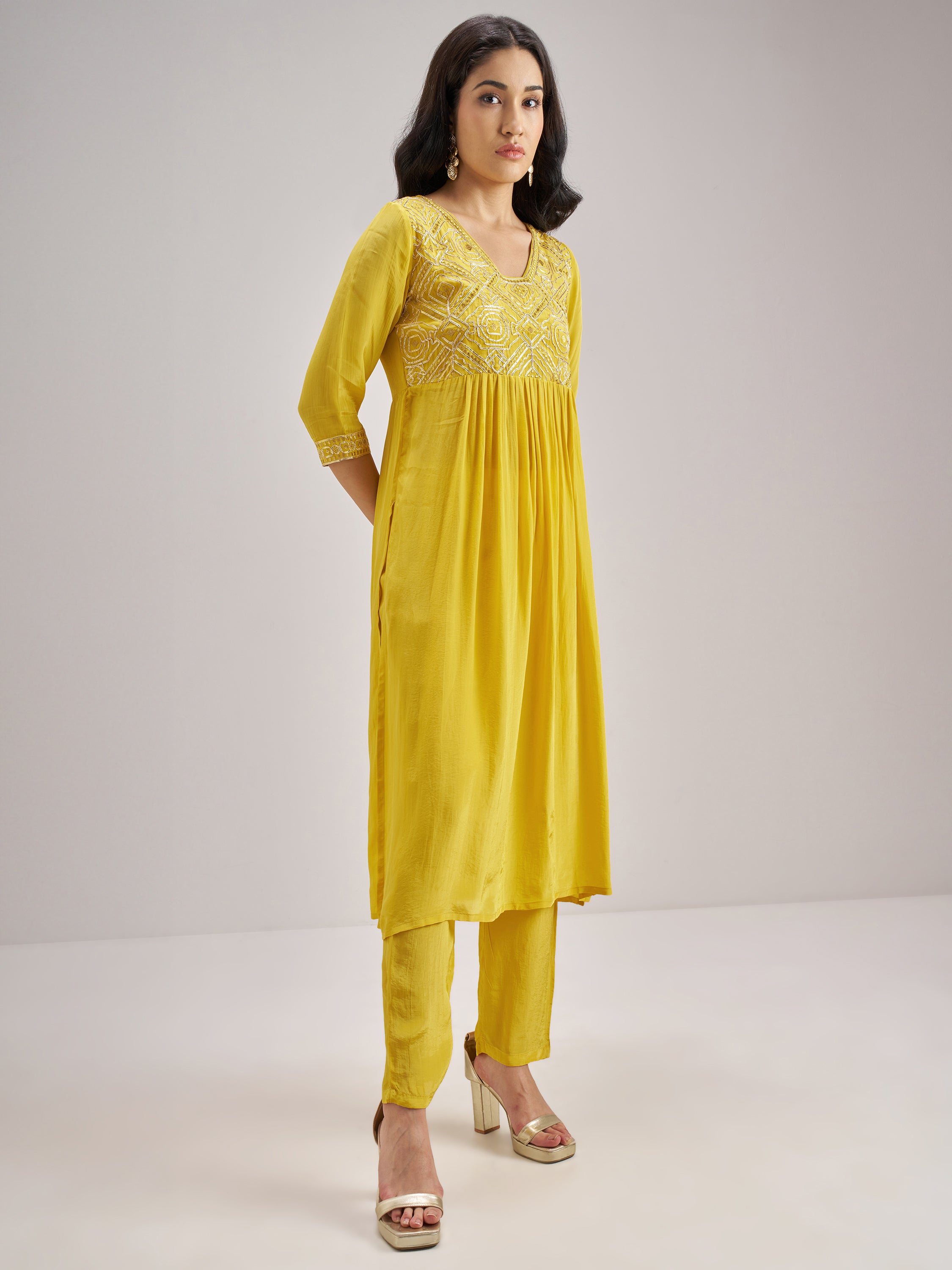Vishudh Women Yellow Embroidered Kurta With Trouser And Dupatta - Yellow - Image 4