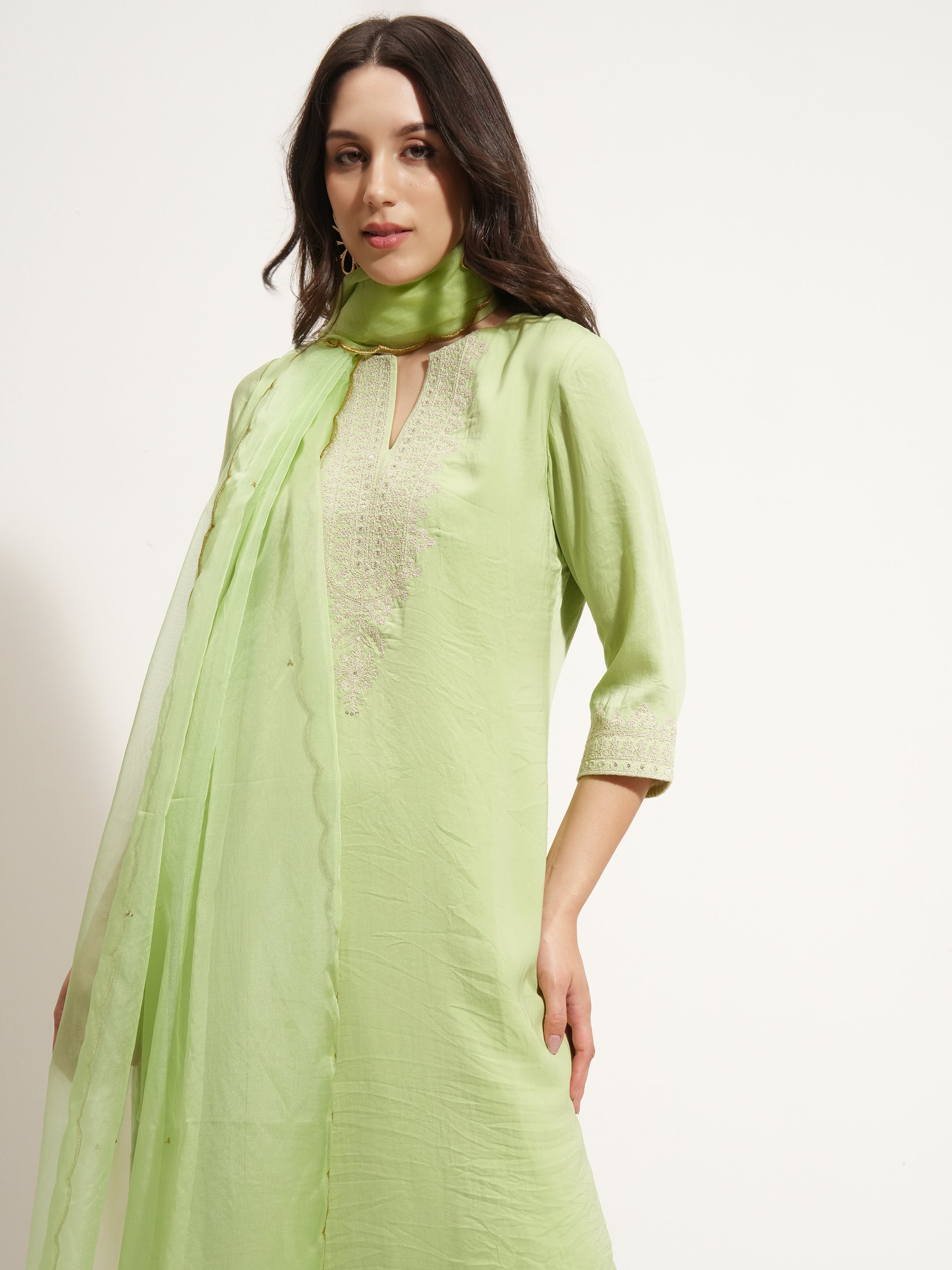 Vishudh Women Green Embroidered Kurta With Trouser And Dupatta - Green - Image 1