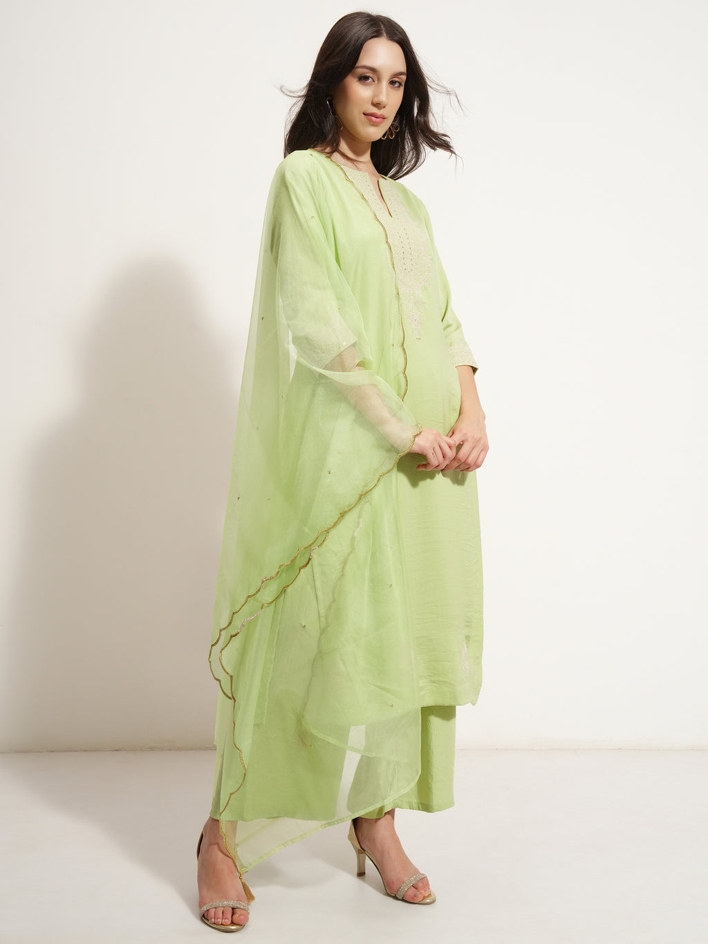 Vishudh Women Green Embroidered Kurta With Trouser And Dupatta - Green - Image 6
