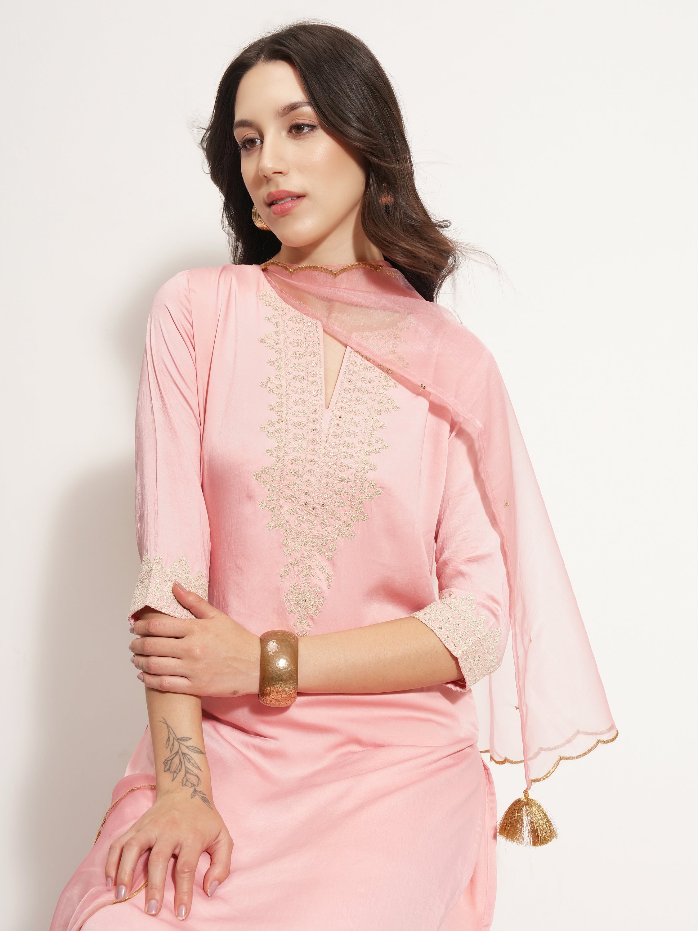 Vishudh Women Pink Embroidered Kurta With Trouser And Dupatta - Pink - Image 1