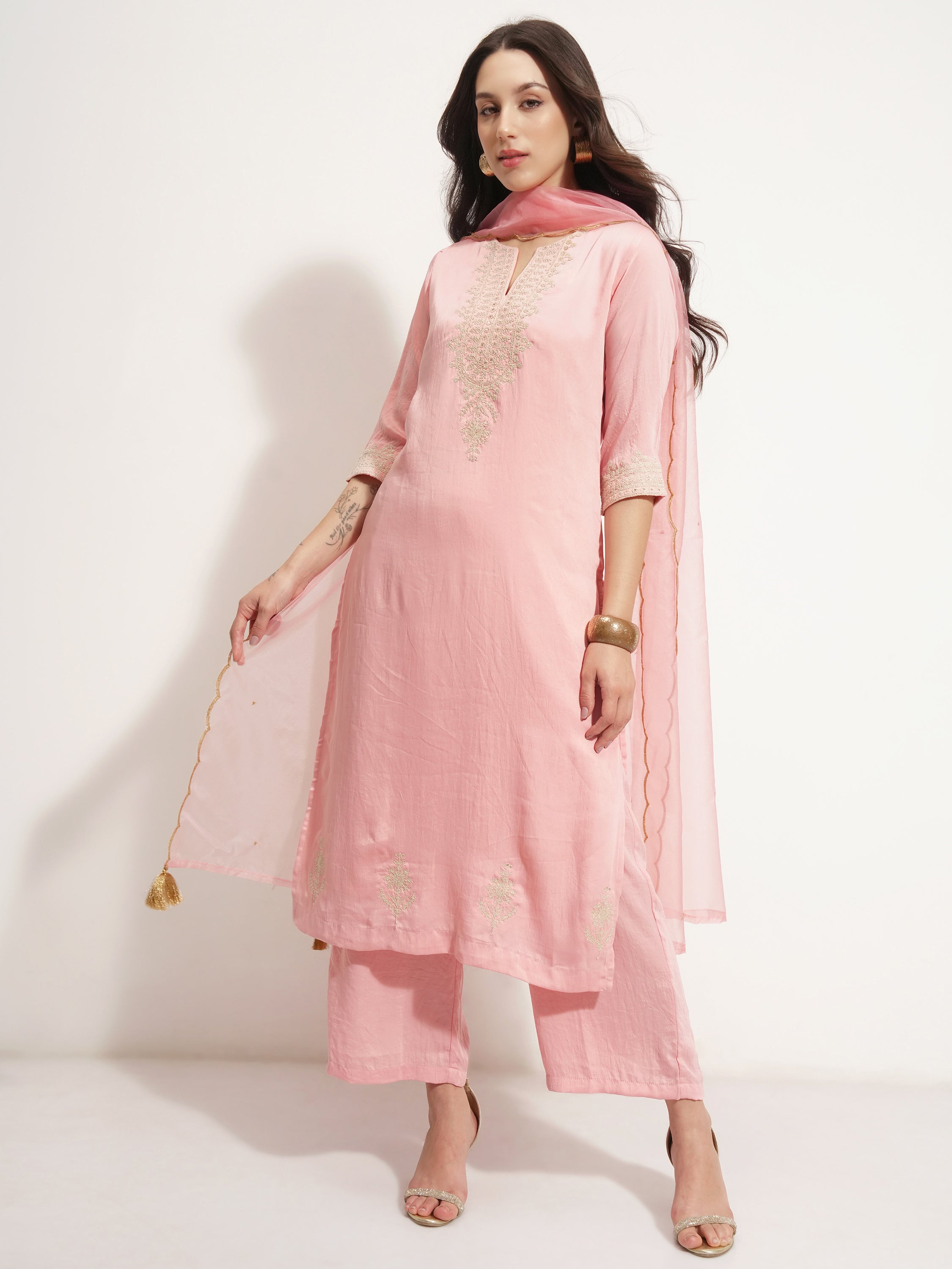 Vishudh Women Pink Embroidered Kurta With Trouser And Dupatta - Pink - Image 2