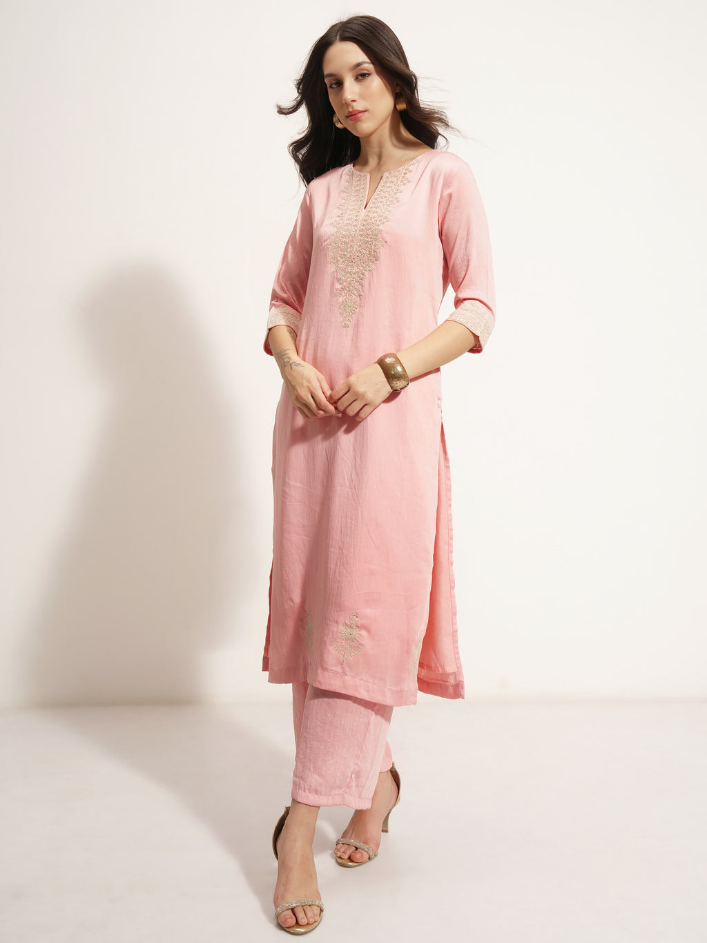 Vishudh Women Pink Embroidered Kurta With Trouser And Dupatta - Pink - Image 4