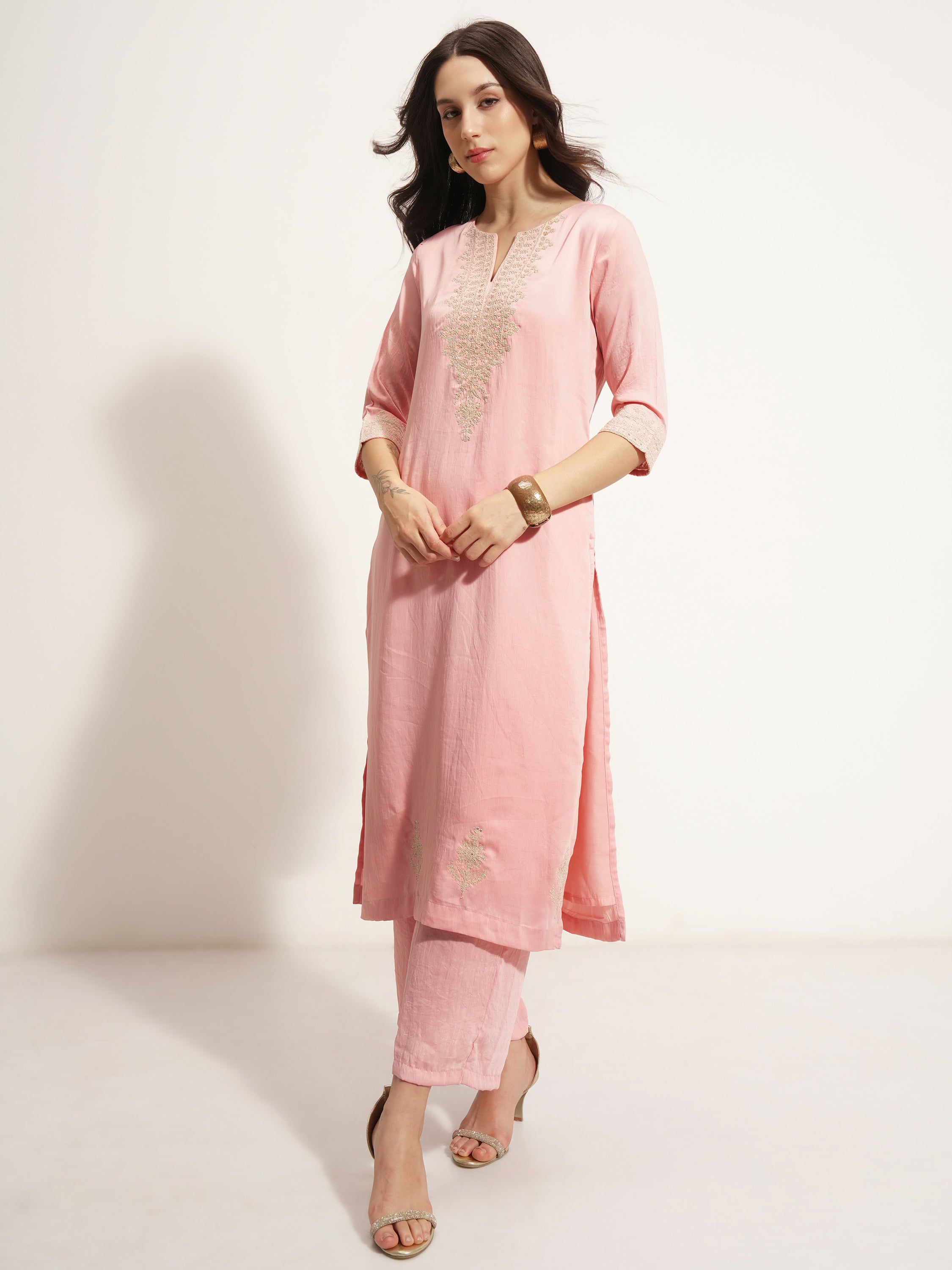 Vishudh Women Pink Embroidered Kurta With Trouser And Dupatta - Pink - Image 4