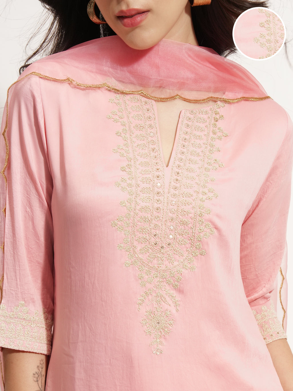 Vishudh Women Pink Embroidered Kurta With Trouser And Dupatta - Pink - Image 5