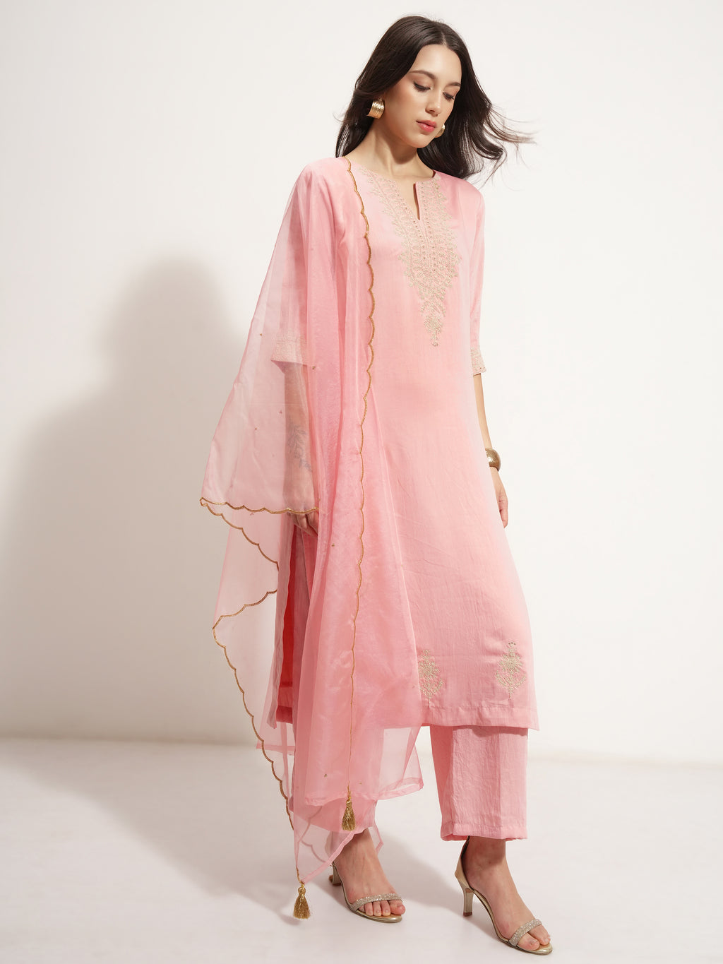 Vishudh Women Pink Embroidered Kurta With Trouser And Dupatta - Pink - Image 6
