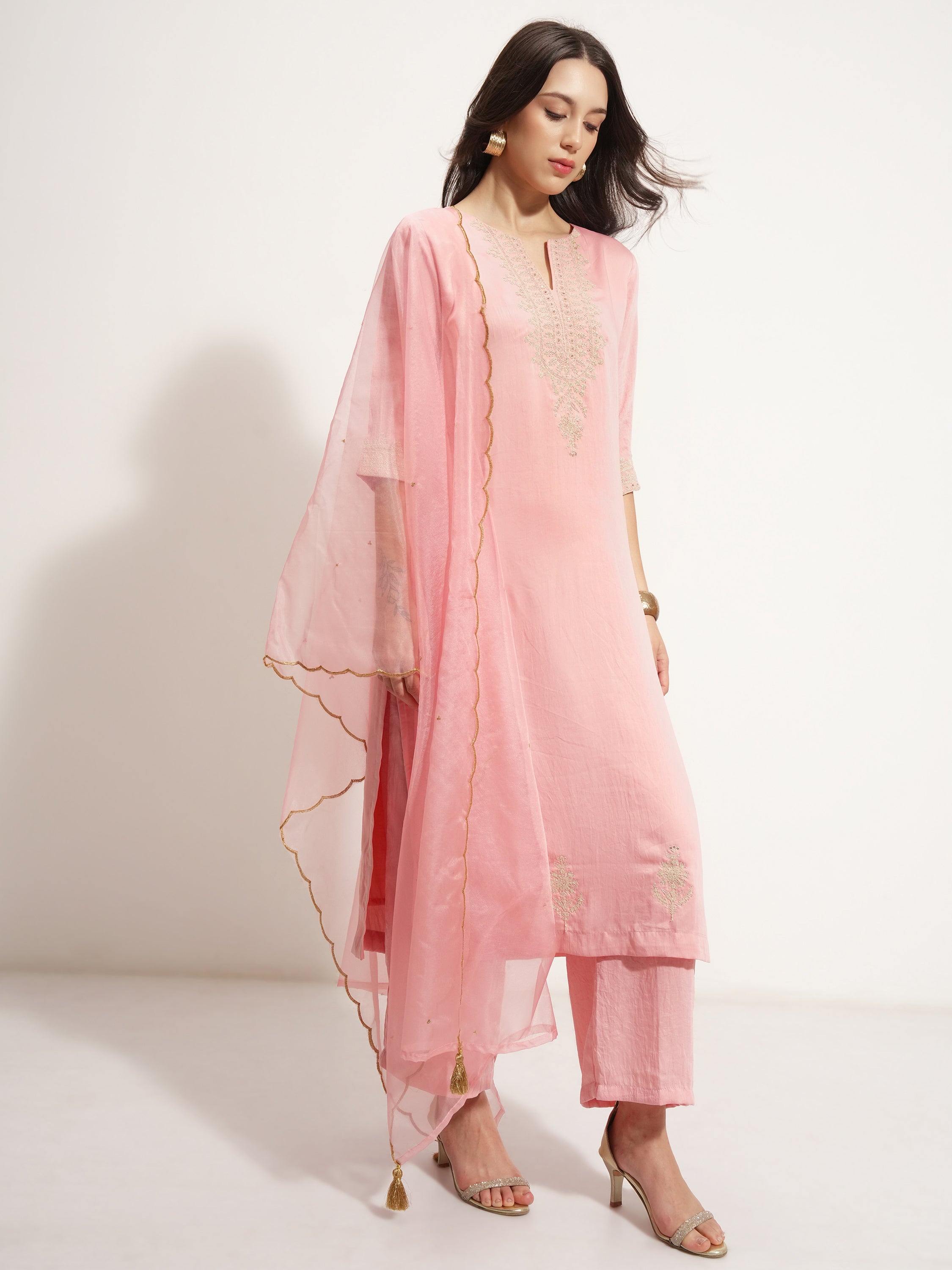Vishudh Women Pink Embroidered Kurta With Trouser And Dupatta - Pink - Image 6