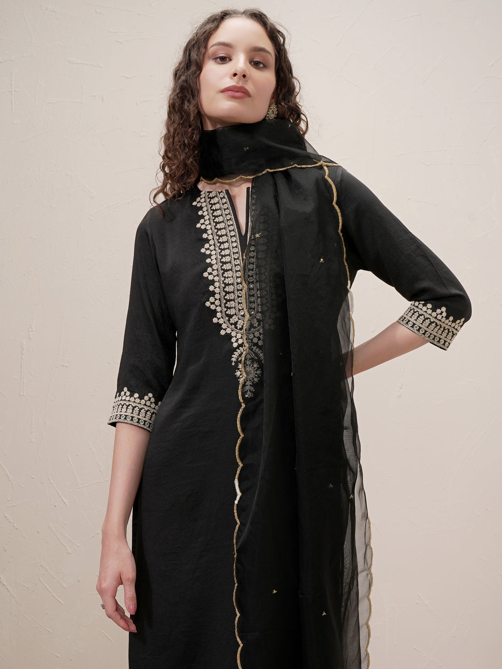 Vishudh Women Black Embroidered Kurta With Trouser And Dupatta - Black - Image 1