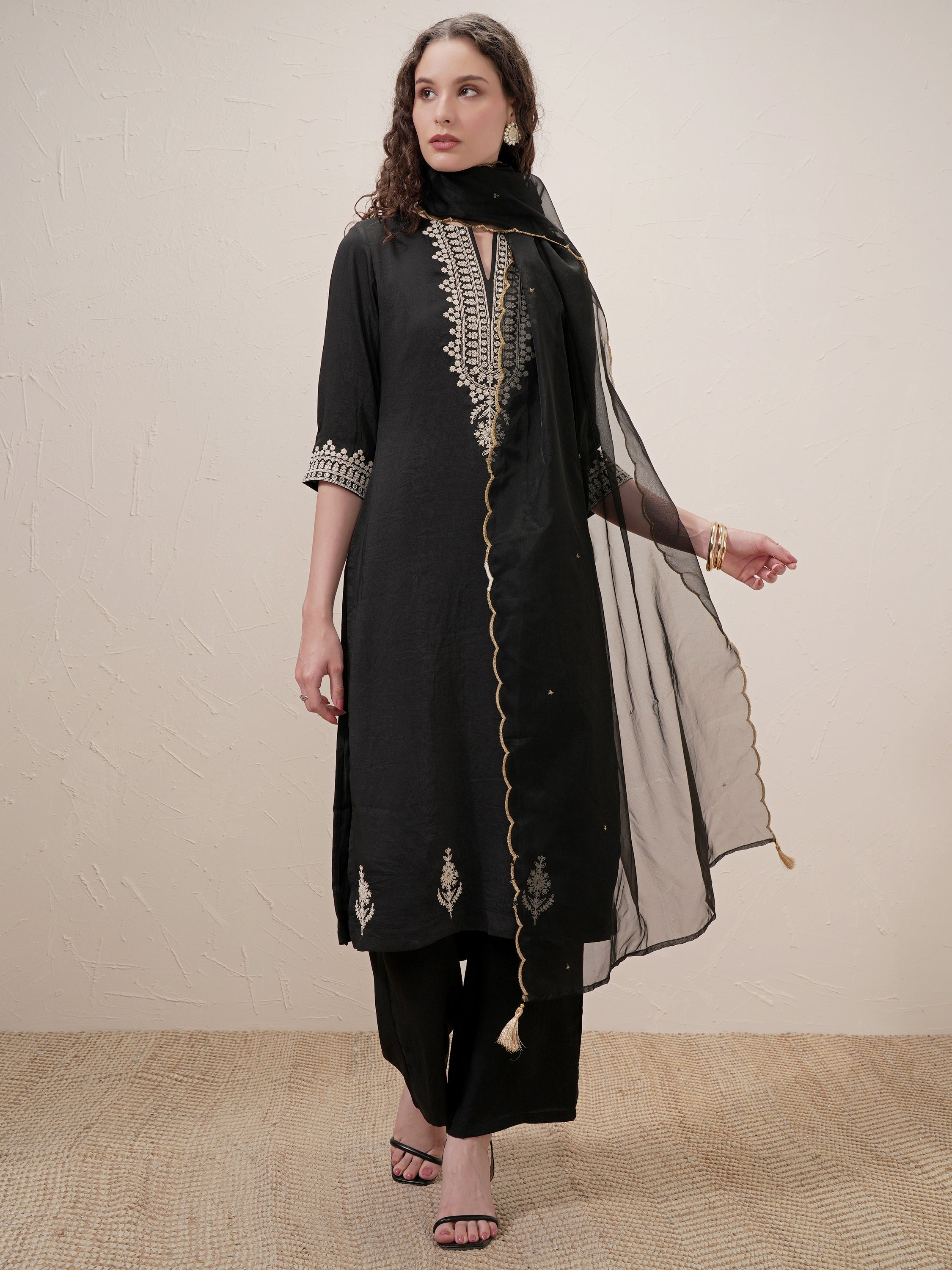 Vishudh Women Black Embroidered Kurta With Trouser And Dupatta - Black - Image 2