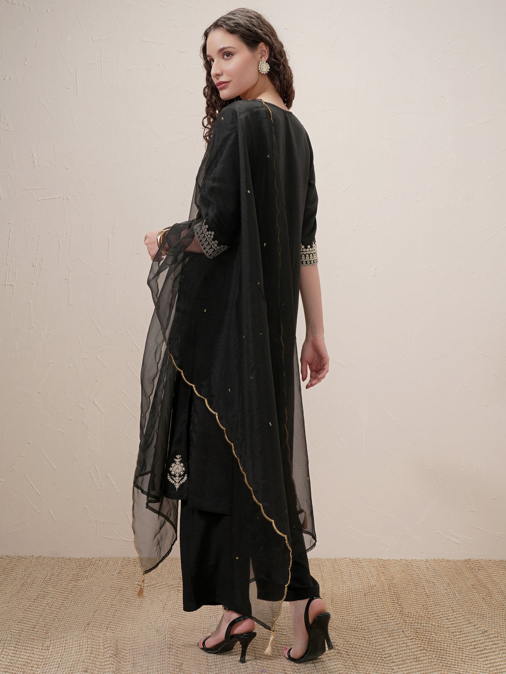 Vishudh Women Black Embroidered Kurta With Trouser And Dupatta - Black - Image 3