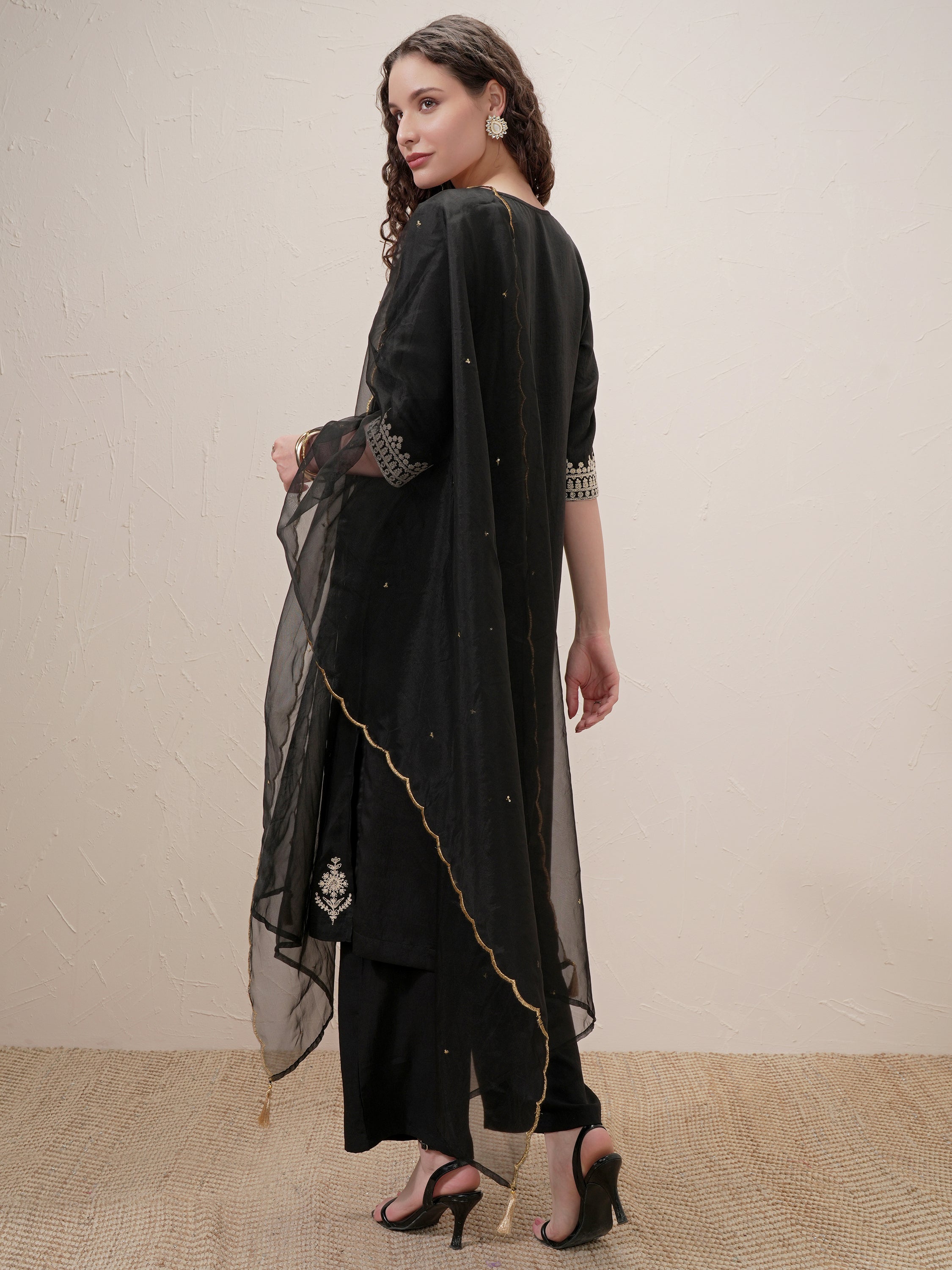Vishudh Women Black Embroidered Kurta With Trouser And Dupatta - Black - Image 3