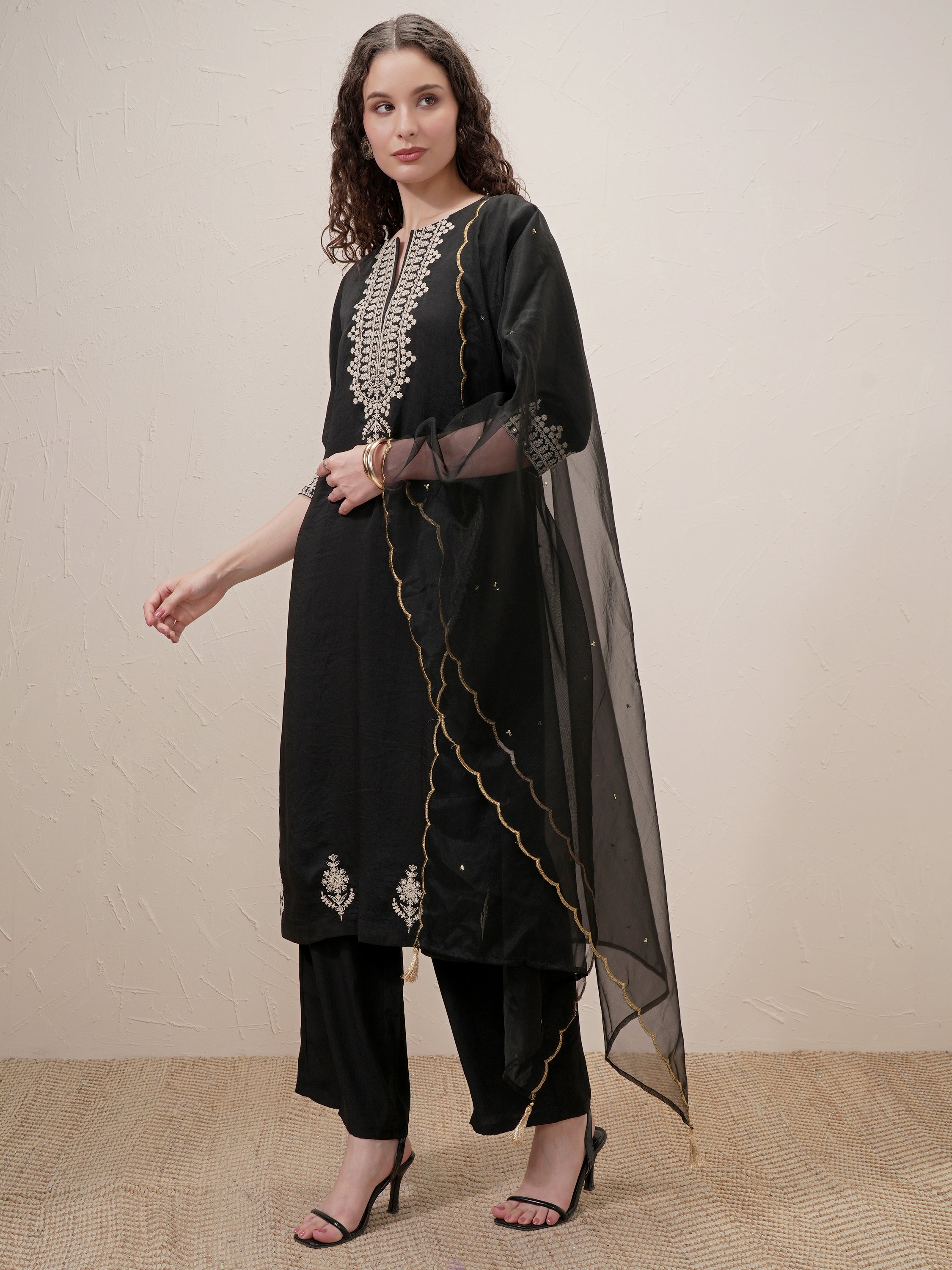 Vishudh Women Black Embroidered Kurta With Trouser And Dupatta - Black - Image 4