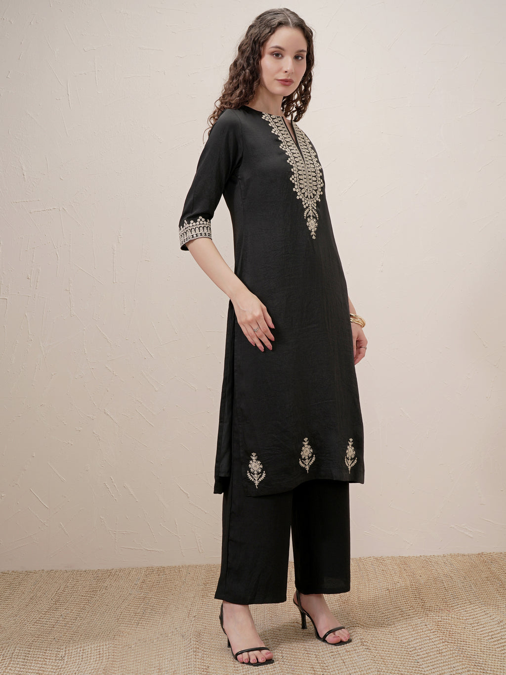 Vishudh Women Black Embroidered Kurta With Trouser And Dupatta - Black - Image 6