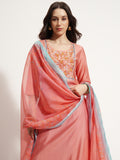 Vishudh Women Coral Embroidered Kurta With Palazzo And Dupatta - Coral - Image 1