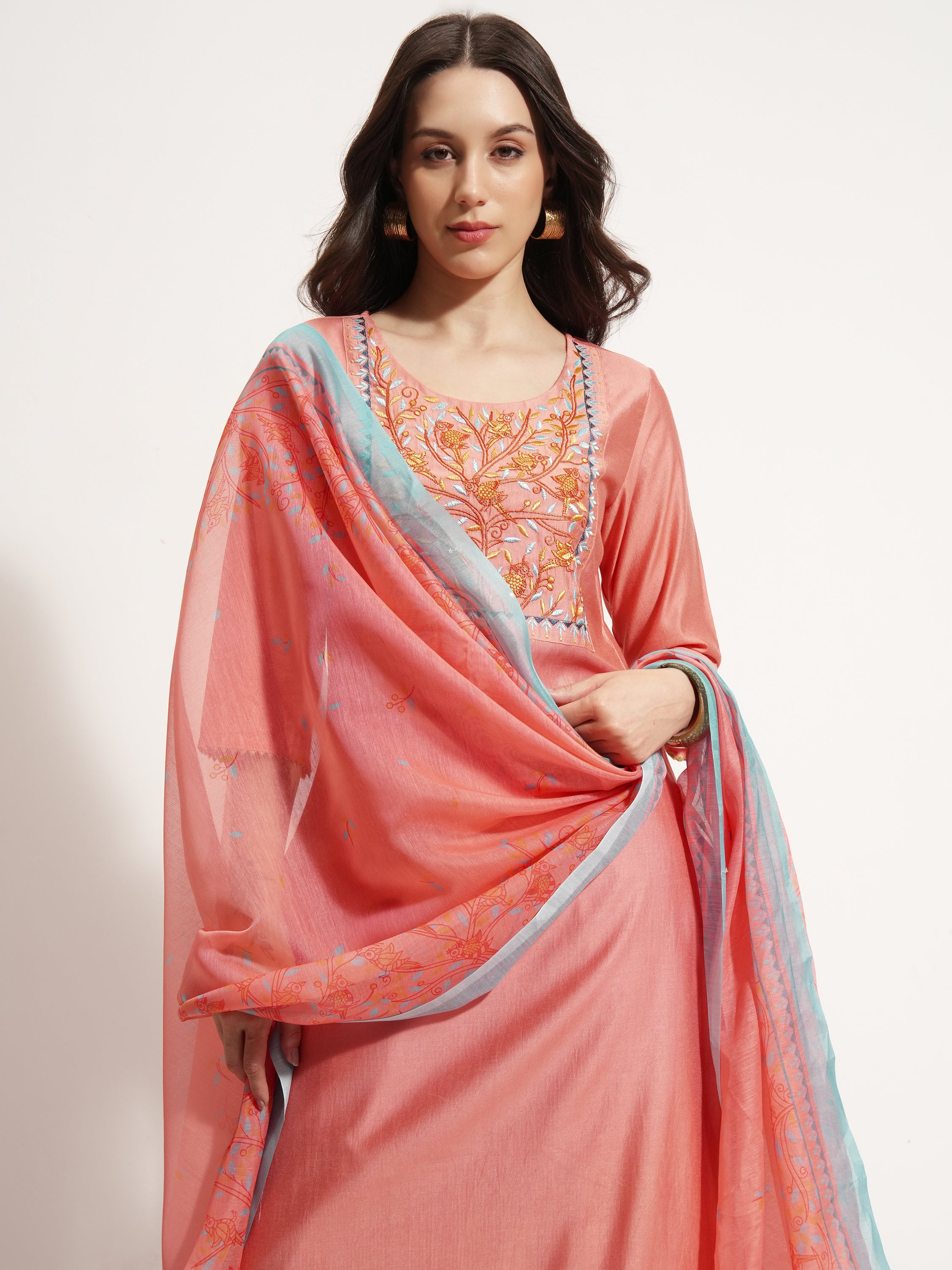 Vishudh Women Coral Embroidered Kurta With Palazzo And Dupatta - Coral - Image 1