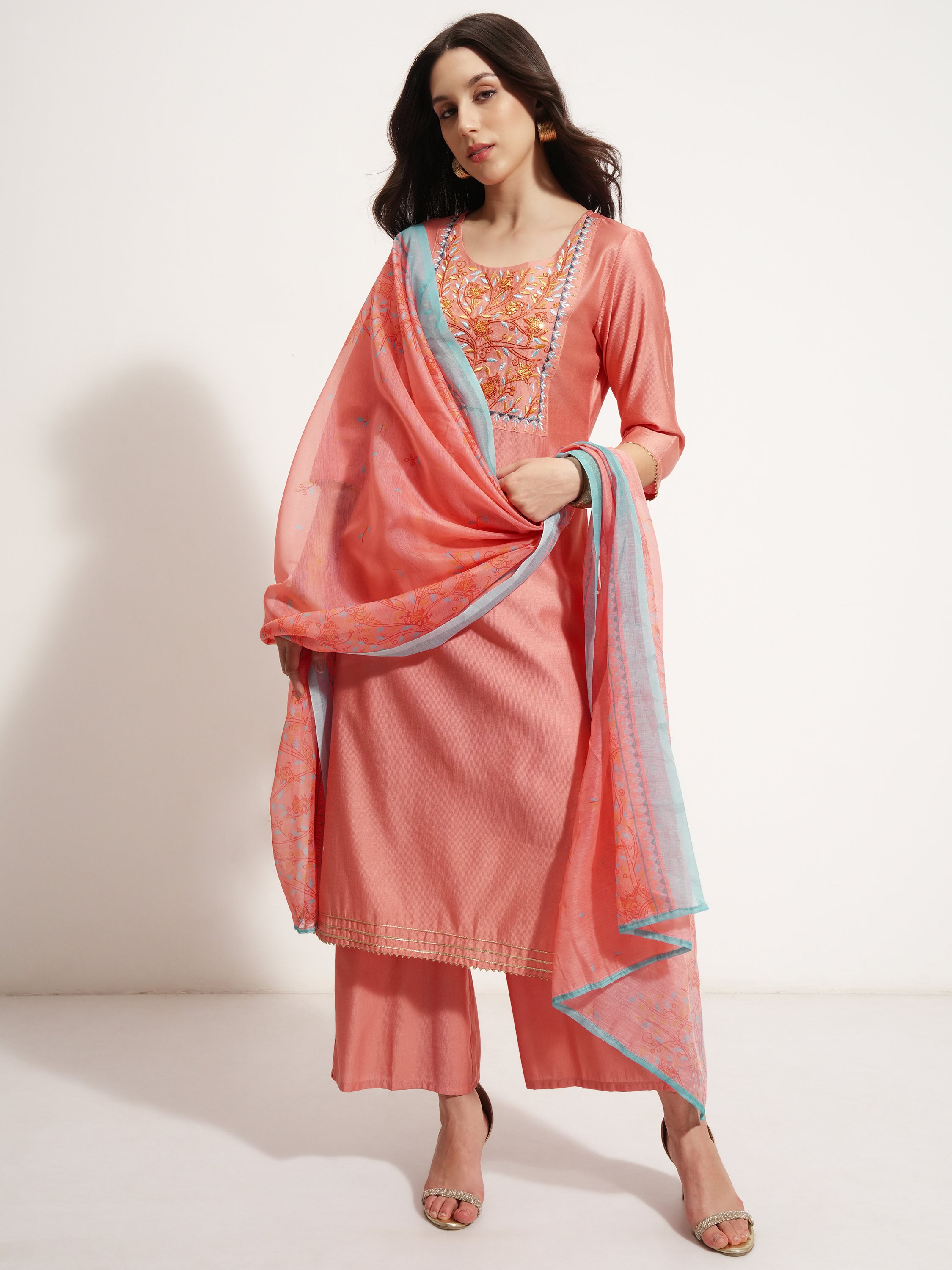 Vishudh Women Coral Embroidered Kurta With Palazzo And Dupatta - Coral - Image 2