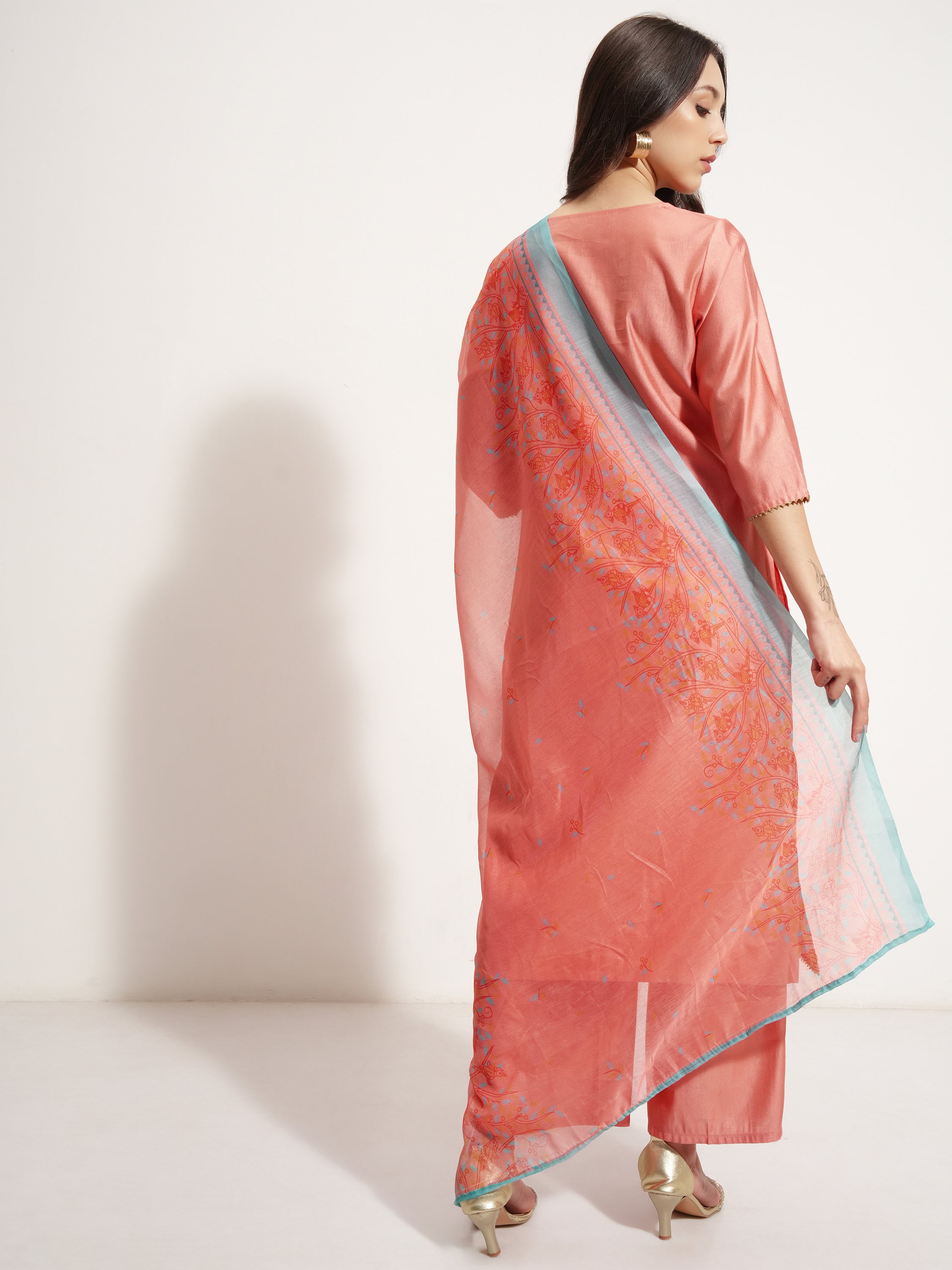 Vishudh Women Coral Embroidered Kurta With Palazzo And Dupatta - Coral - Image 3