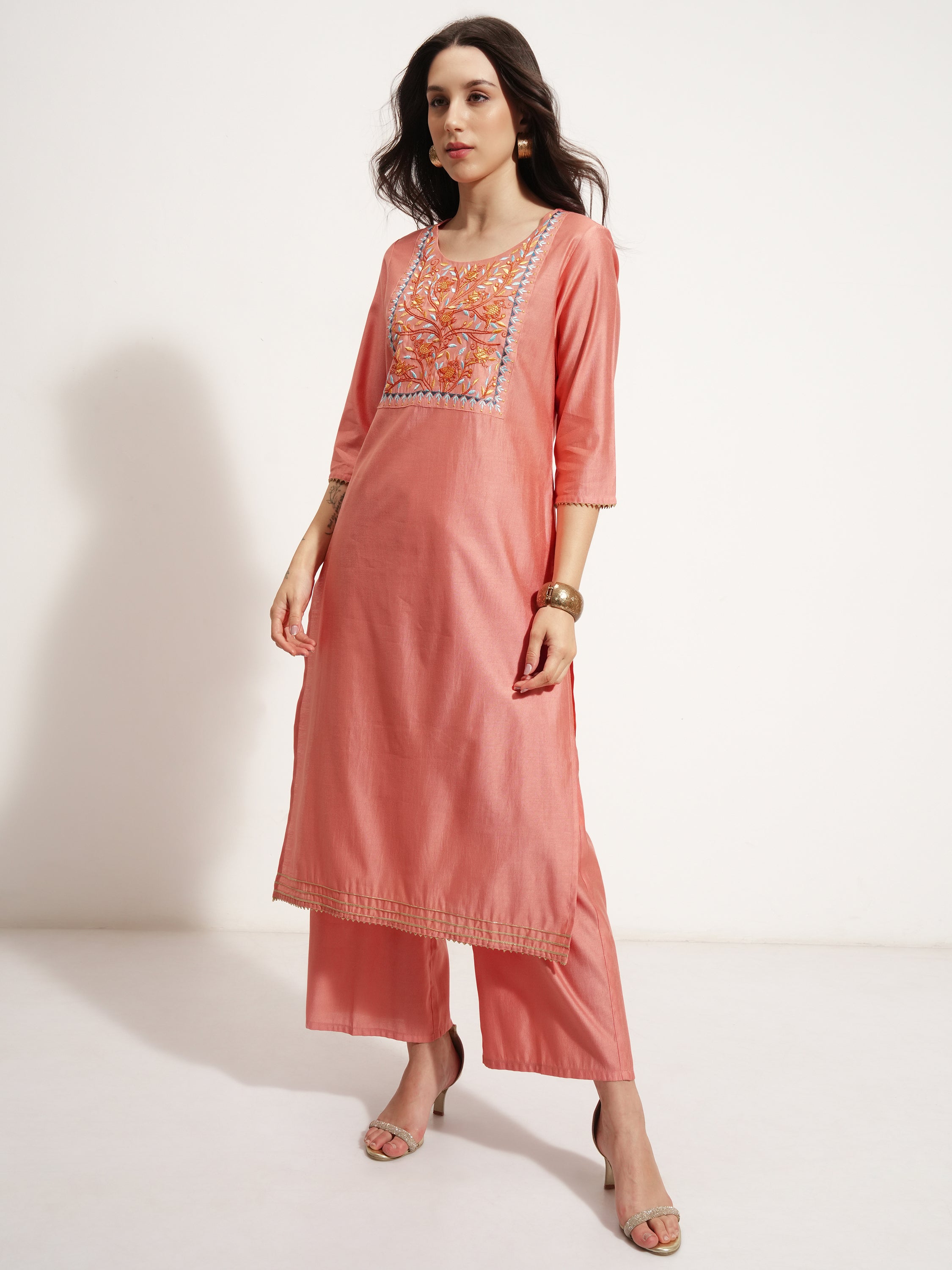 Vishudh Women Coral Embroidered Kurta With Palazzo And Dupatta - Coral - Image 4