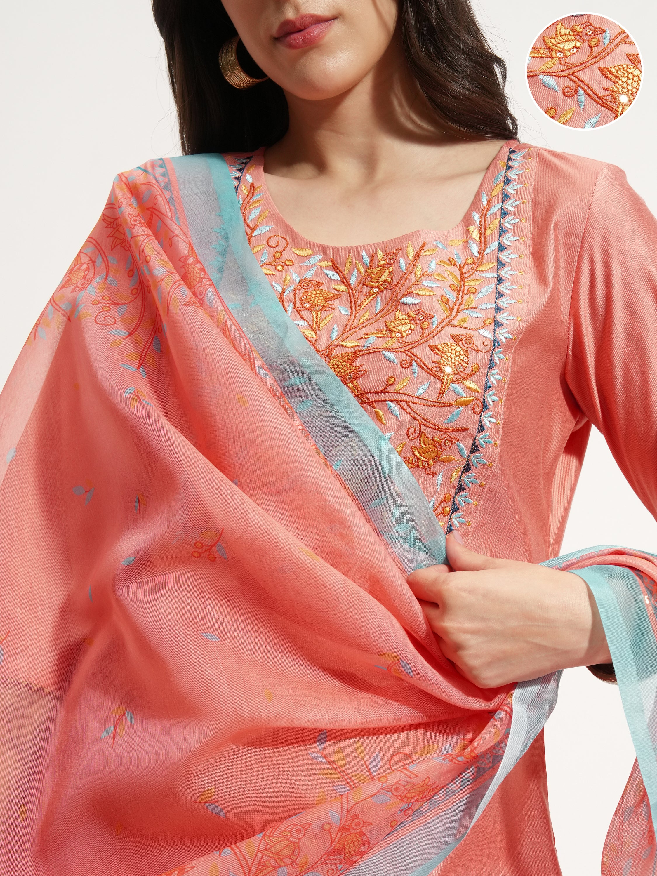 Vishudh Women Coral Embroidered Kurta With Palazzo And Dupatta - Coral - Image 5