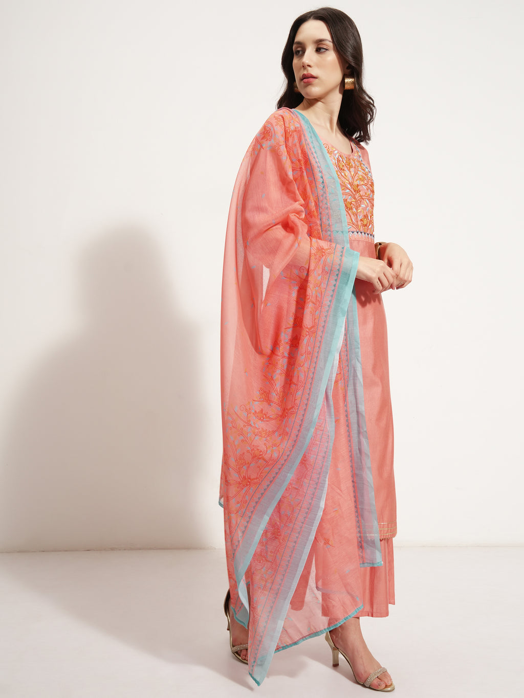 Vishudh Women Coral Embroidered Kurta With Palazzo And Dupatta - Coral - Image 6