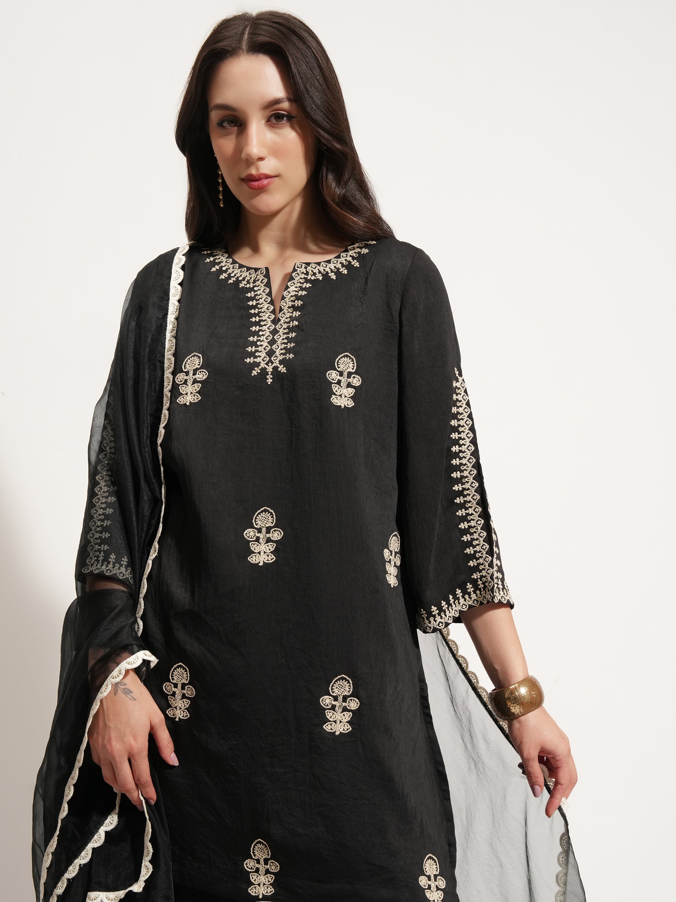 Vishudh Women Black Embroidered Kurta With Trouser And Dupatta - Black - Image 1