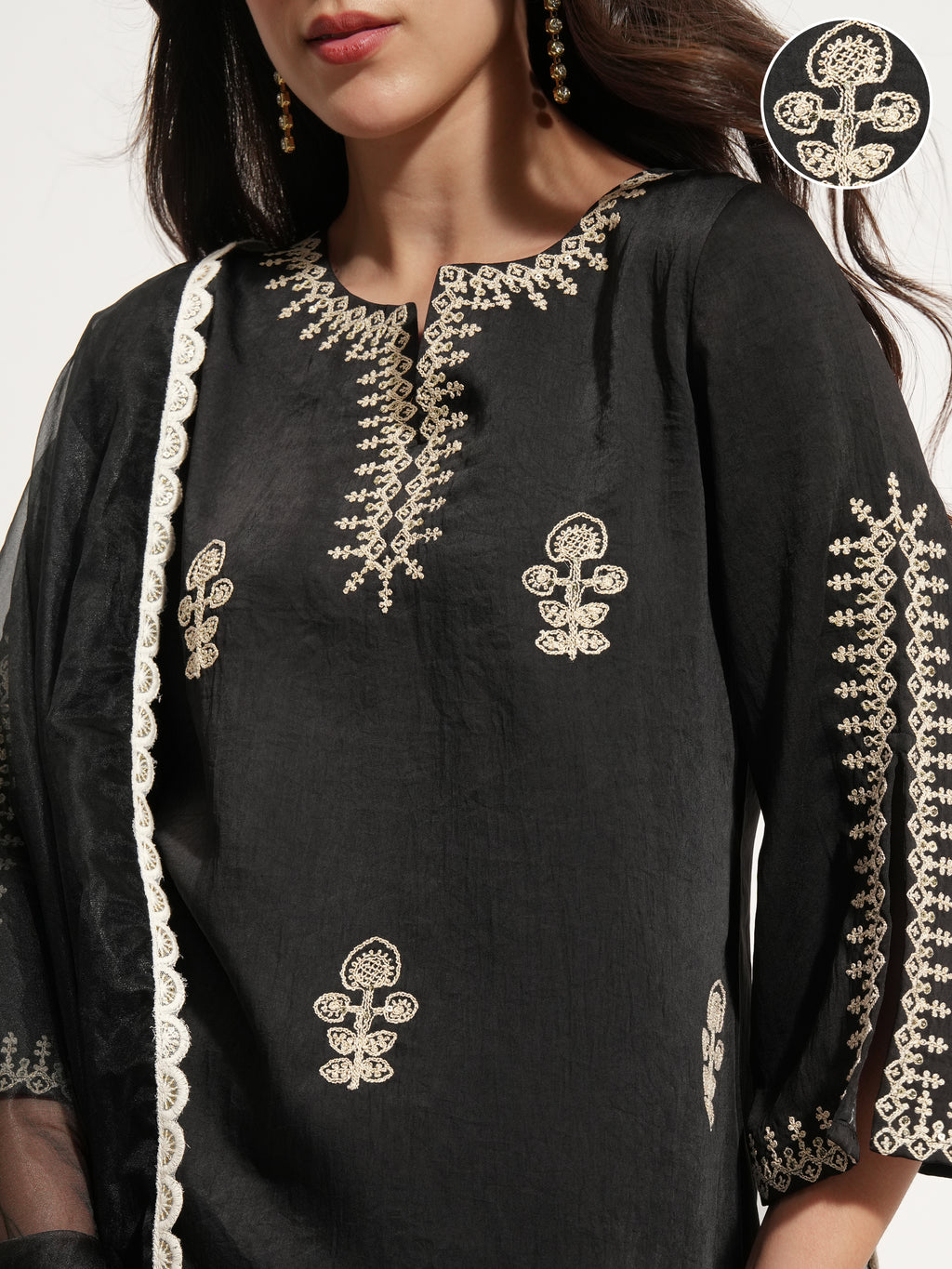 Vishudh Women Black Embroidered Kurta With Trouser And Dupatta - Black - Image 5